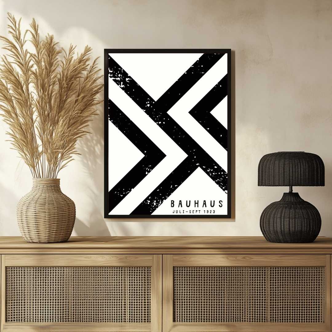 Bauhaus "Juli-Sept 1923" Distressed Geometric Chevron Poster | Vertical High-Contrast White Framed Wall Art 2 : 3 Vertical Premium Wall Art Canvas by MeriDeewar