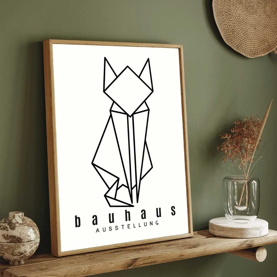 Bauhaus Origami Geometric Cat Poster | Vertical High-Contrast White Framed Wall Art 2 : 3 Vertical Premium Wall Art Canvas by MeriDeewar