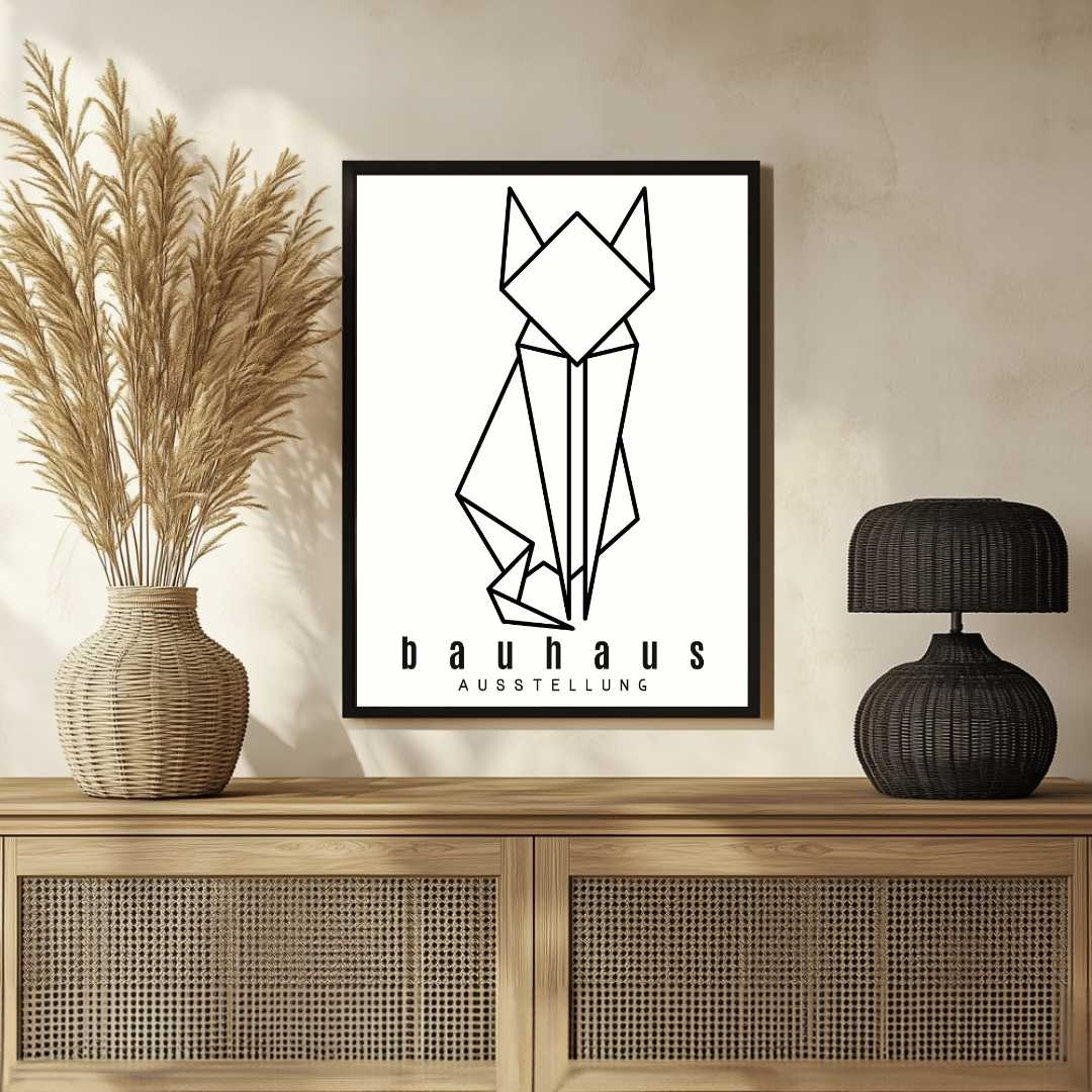 Bauhaus Origami Geometric Cat Poster | Vertical High-Contrast White Framed Wall Art 2 : 3 Vertical Premium Wall Art Canvas by MeriDeewar