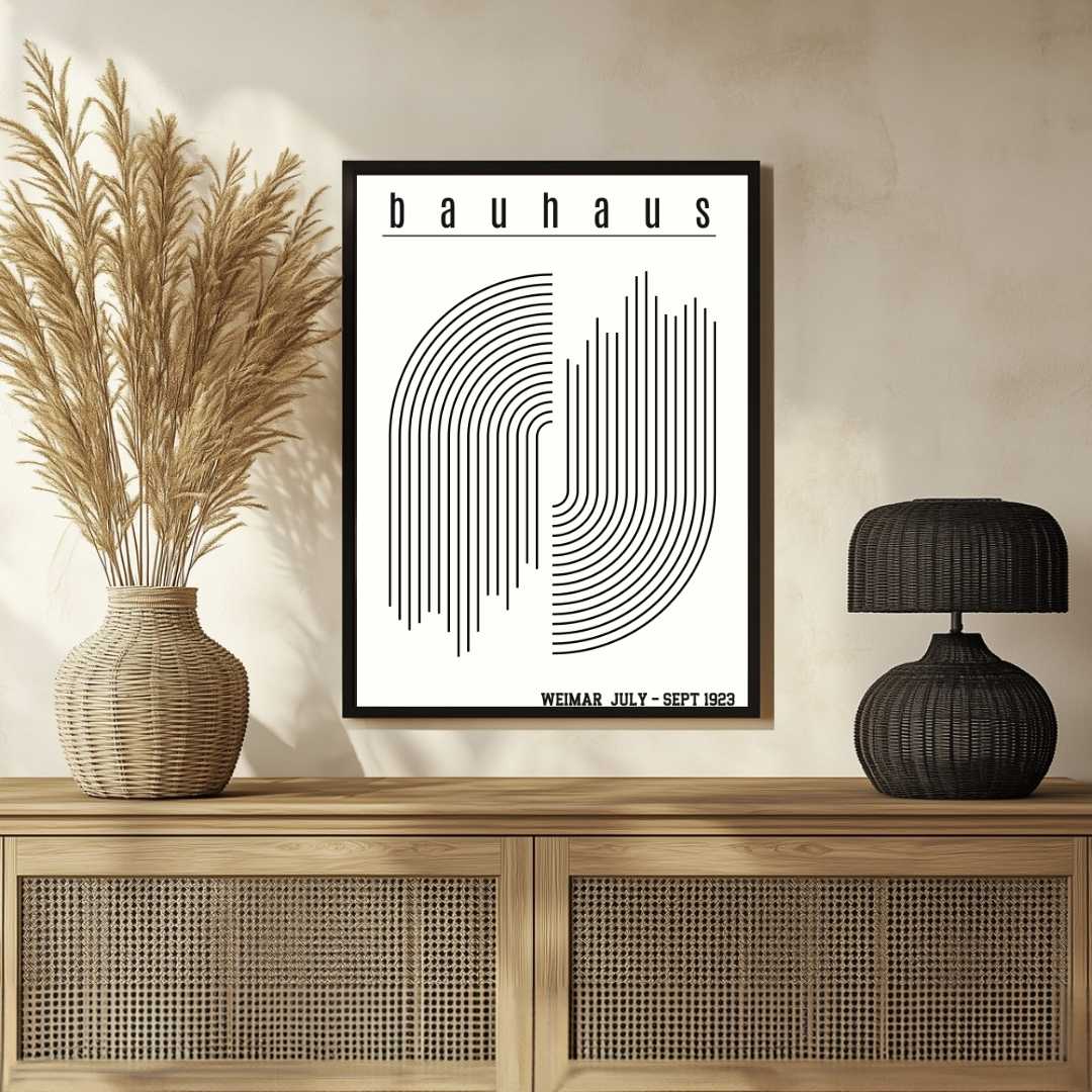Bauhaus "Weimar July-Sept 1923" Interlocking Linear Arch Poster | Vertical High-Contrast White Framed Wall Art 2 : 3 Vertical Premium Wall Art Canvas by MeriDeewar