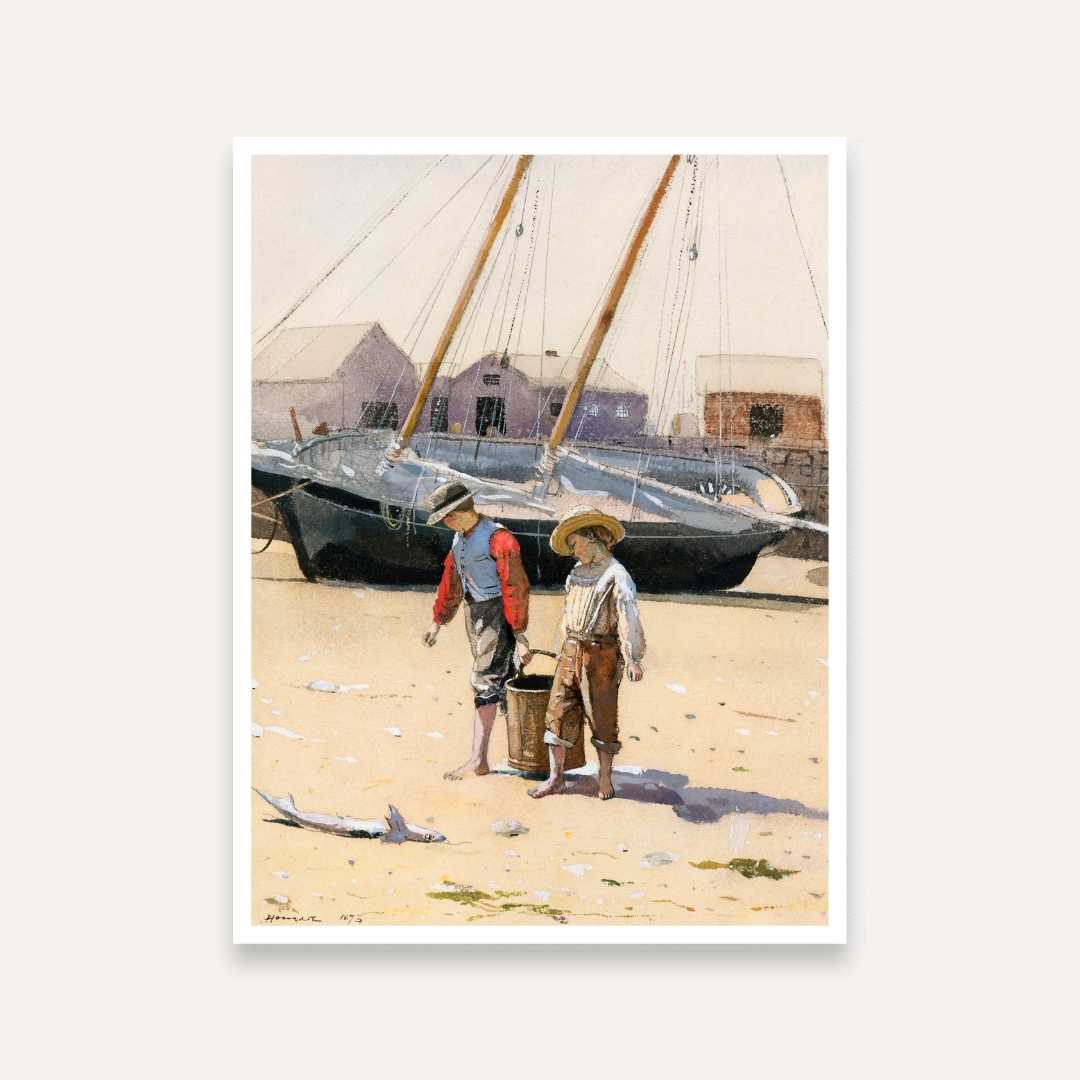 Beach Scenery Painting for Living Room – Boys by Sailboat | Winslow Homer Wall Art 3 : 4 Vertical Premium Wall Art Canvas by MeriDeewar