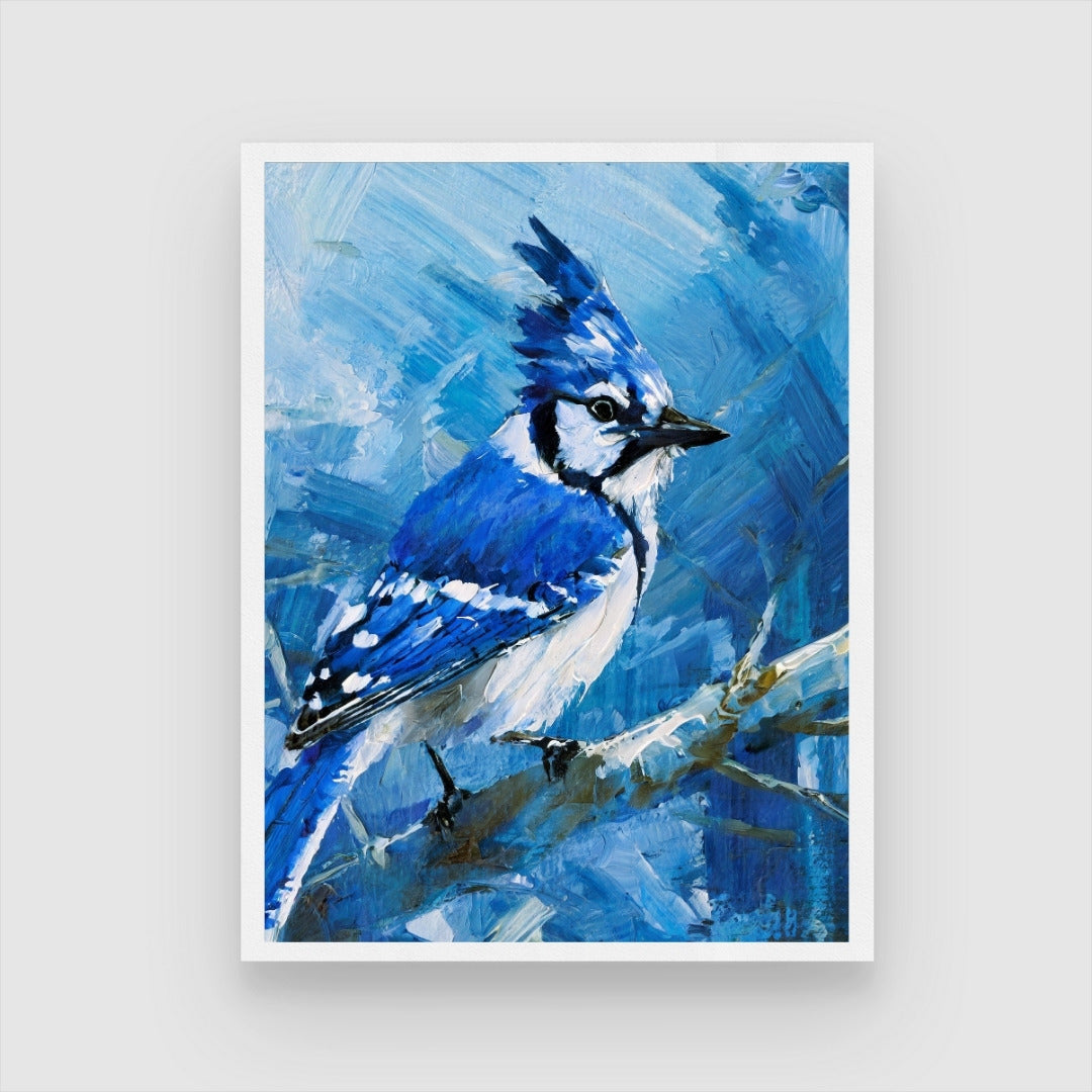 Beautiful Blue Jay Bird Painting – Enhance Your Living Room Decor 3 : 4 Vertical New Premium Wall Art Canvas by MeriDeewar