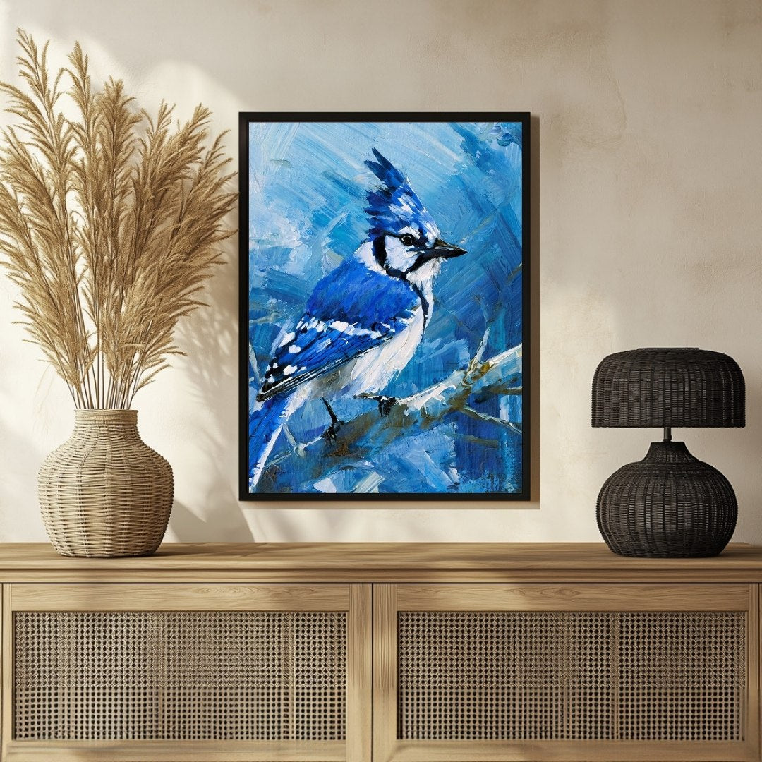Beautiful Blue Jay Bird Painting – Enhance Your Living Room Decor 3 : 4 Vertical New Premium Wall Art Canvas by MeriDeewar