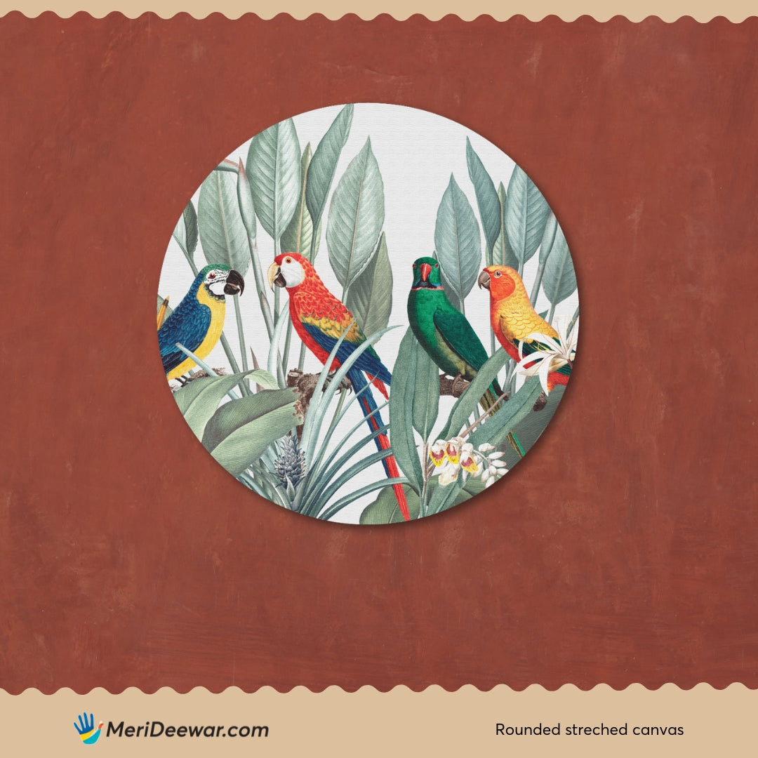 Beautiful Colorful Parrot Macaw tropical Bird on Nature Background Circular Canvas Frame Circular Canvas Frame Premium Wall Art Canvas by MeriDeewar