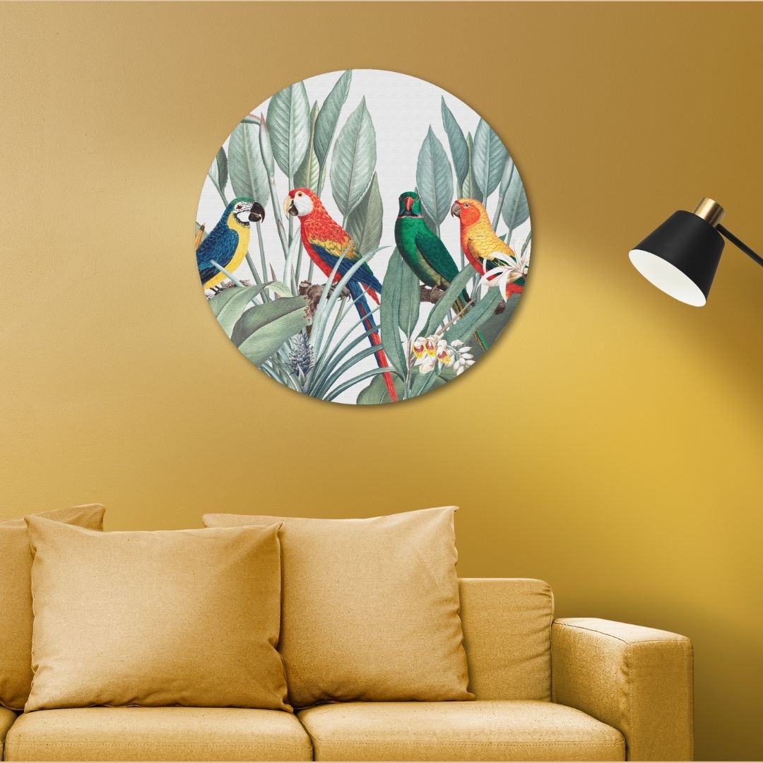Beautiful Colorful Parrot Macaw tropical Bird on Nature Background Circular Canvas Frame Circular Canvas Frame Premium Wall Art Canvas by MeriDeewar