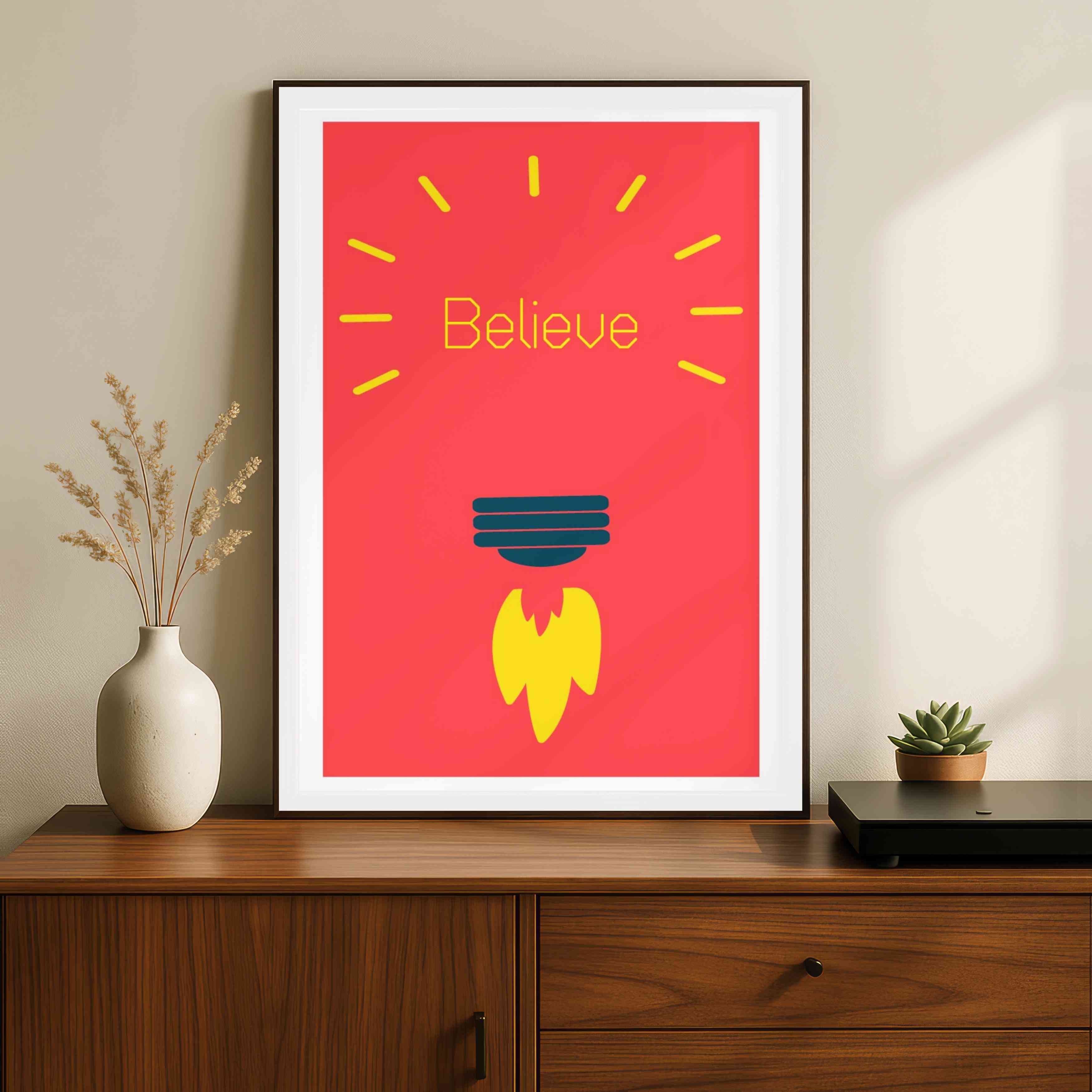 "Believe" Lightbulb Motivational Poster | Vertical Borderless Art Frame Poster Premium Wall Art Canvas by MeriDeewar