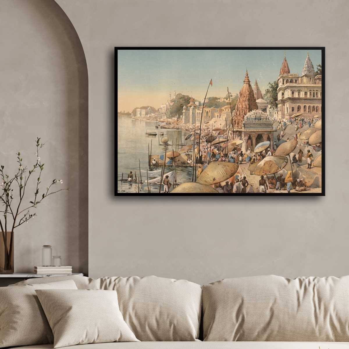 Benares Ganga Ghat Bustle Painting | Horizontal Framed Print 2 : 3 Horizontal Premium Wall Art Canvas by MeriDeewar