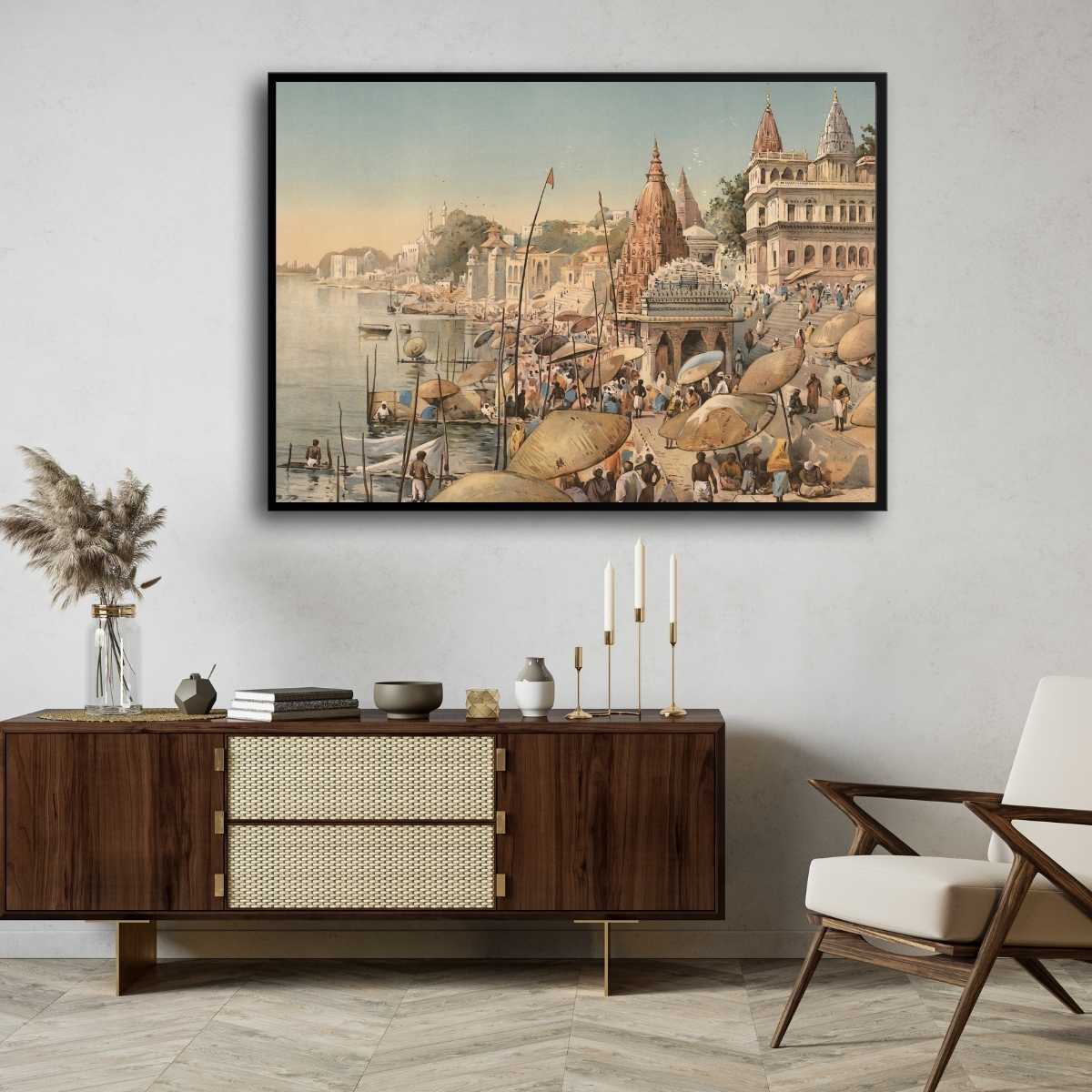 Benares Ganga Ghat Bustle Painting | Horizontal Framed Print 2 : 3 Horizontal Premium Wall Art Canvas by MeriDeewar