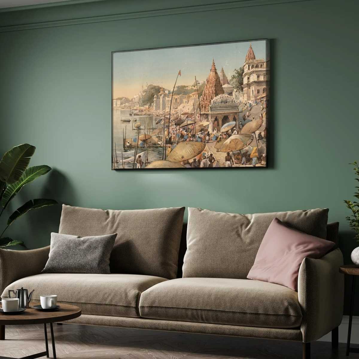 Benares Ganga Ghat Bustle Painting | Horizontal Framed Print 2 : 3 Horizontal Premium Wall Art Canvas by MeriDeewar