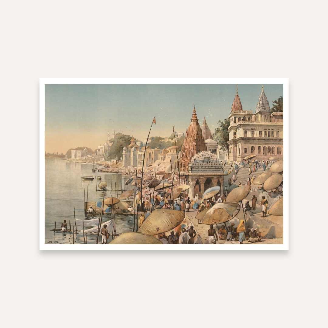 Benares Ganga Ghat Bustle Painting | Horizontal Framed Print 2 : 3 Horizontal Premium Wall Art Canvas by MeriDeewar