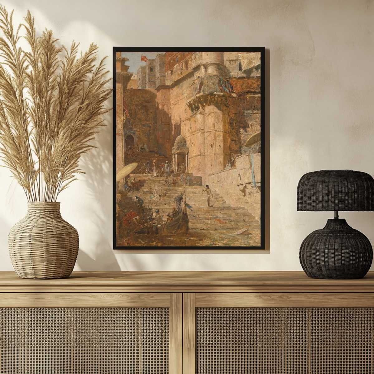 Benares Ghat Steps and Fort Oil Painting | Vertical Framed Print 3 : 4 Vertical Premium Wall Art Canvas by MeriDeewar