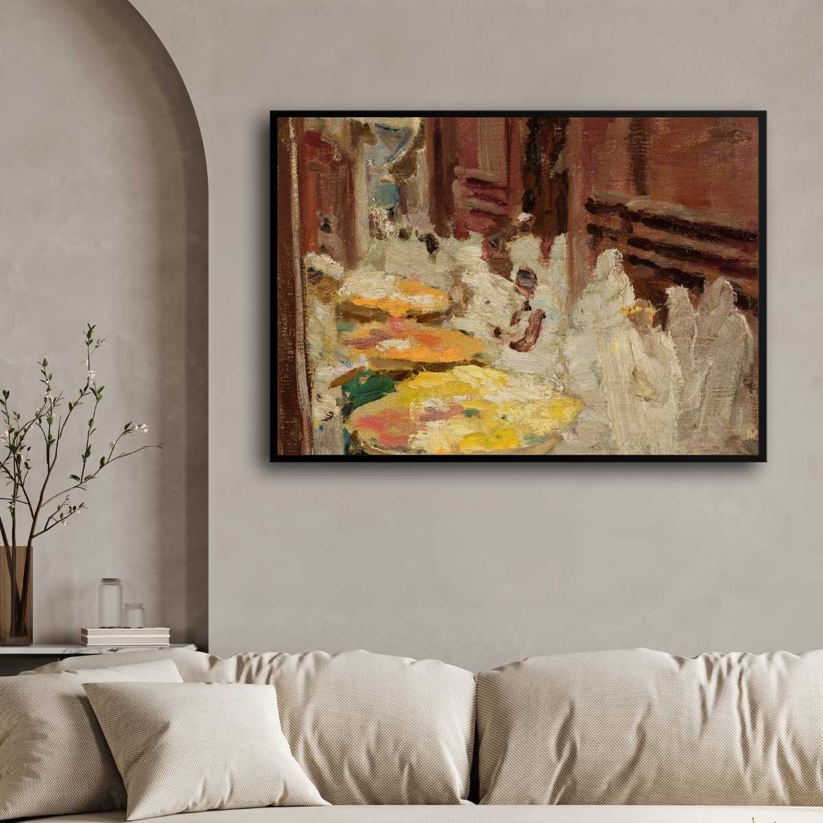 Benares Holy Cow and Flowers Fair Oil Painting | Horizontal Framed Print 4 : 3 Horizontal Premium Wall Art Canvas by MeriDeewar