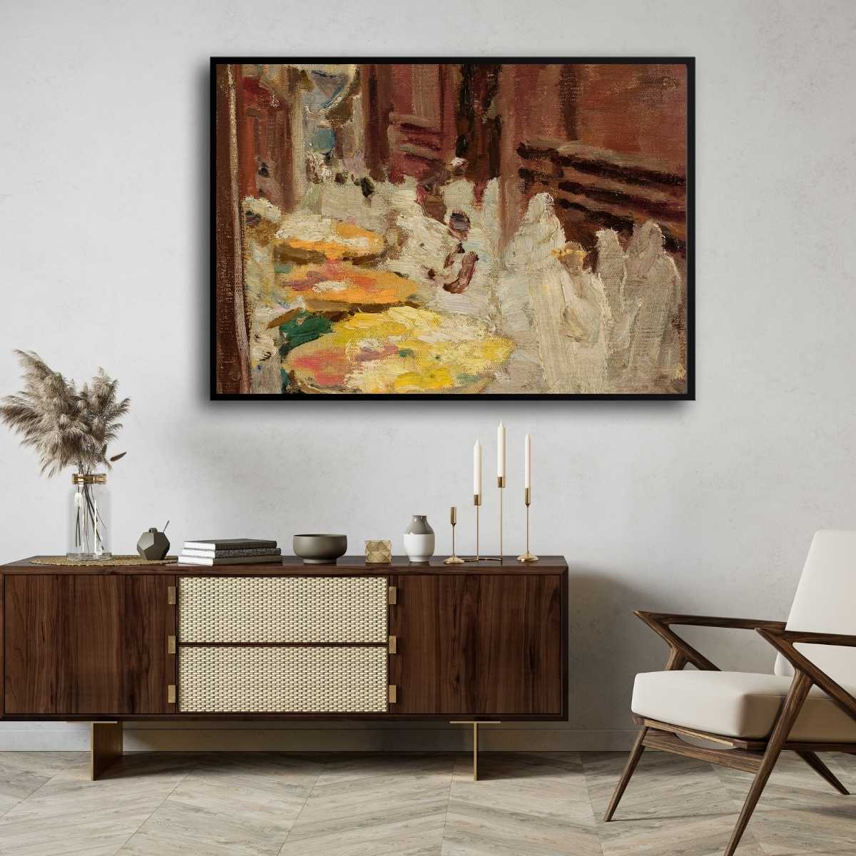 Benares Holy Cow and Flowers Fair Oil Painting | Horizontal Framed Print 4 : 3 Horizontal Premium Wall Art Canvas by MeriDeewar