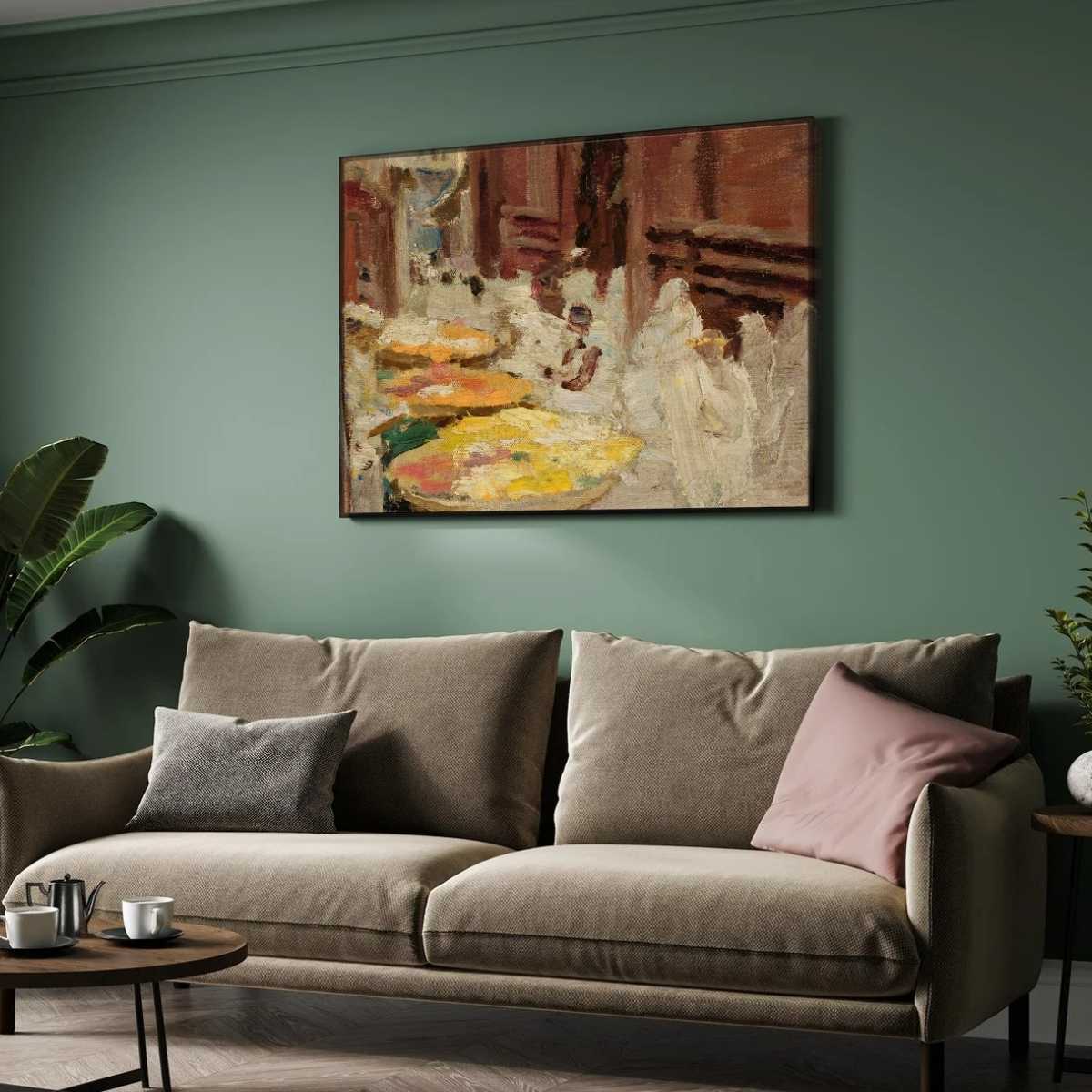 Benares Holy Cow and Flowers Fair Oil Painting | Horizontal Framed Print 4 : 3 Horizontal Premium Wall Art Canvas by MeriDeewar