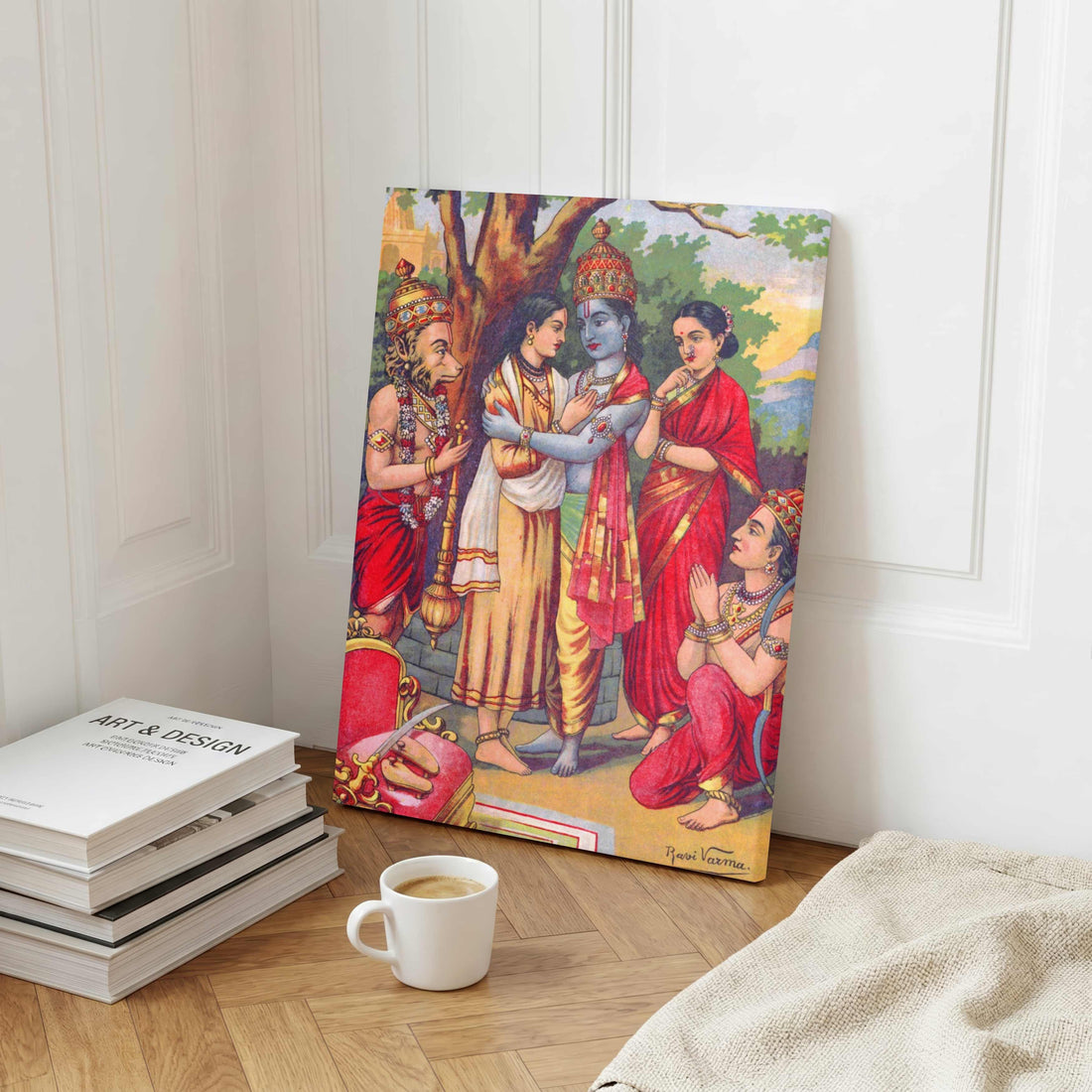 Bharat Milap Painting – Raja Ravi Varma Ramayan Devotional Wall Art | MeriDeewar 2 : 3 Vertical Premium Wall Art Canvas by MeriDeewar