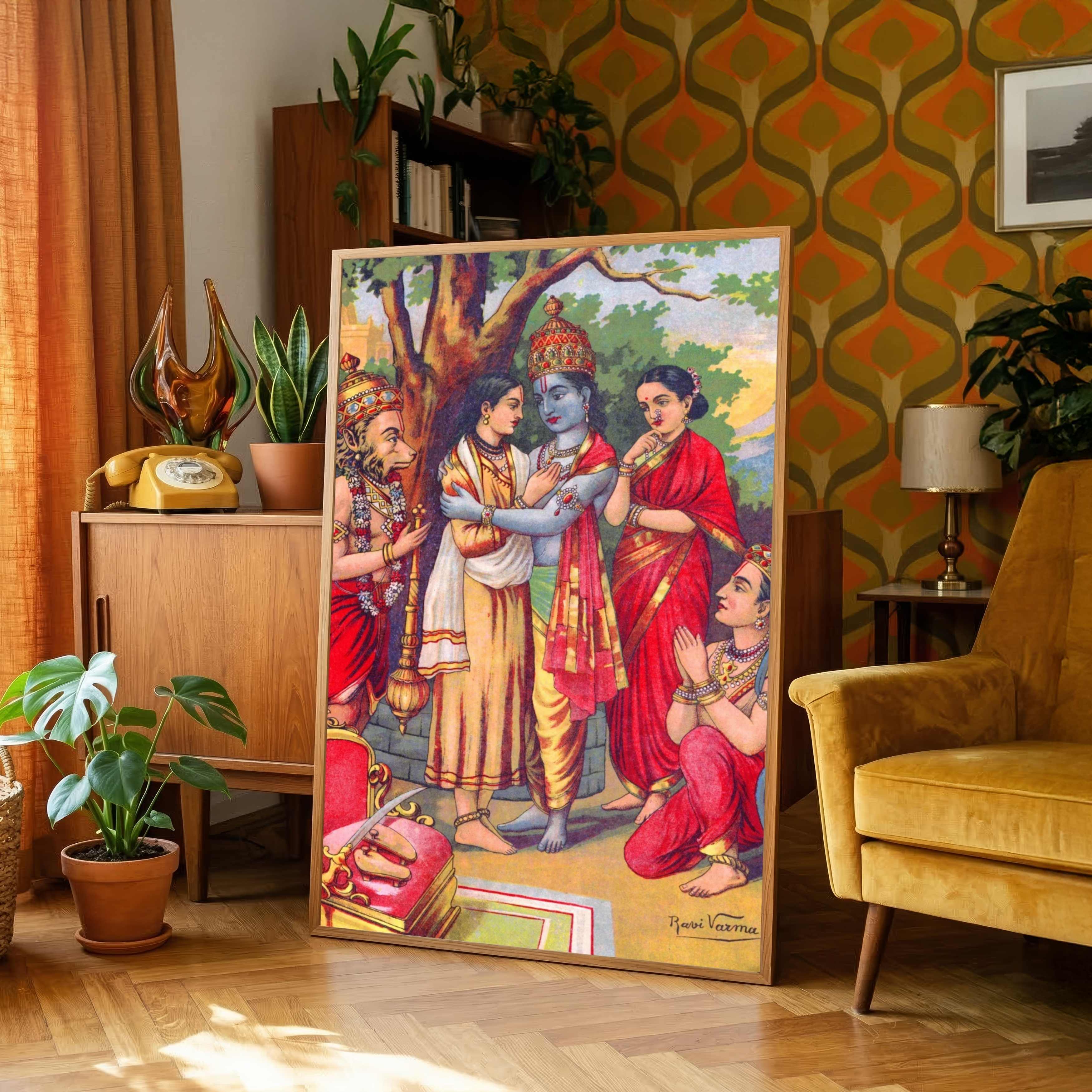Bharat Milap Ramayan Painting for Pooja Room | Raja Ravi Varma Spiritual Wall Art 2 : 3 Vertical Premium Wall Art Canvas by MeriDeewar