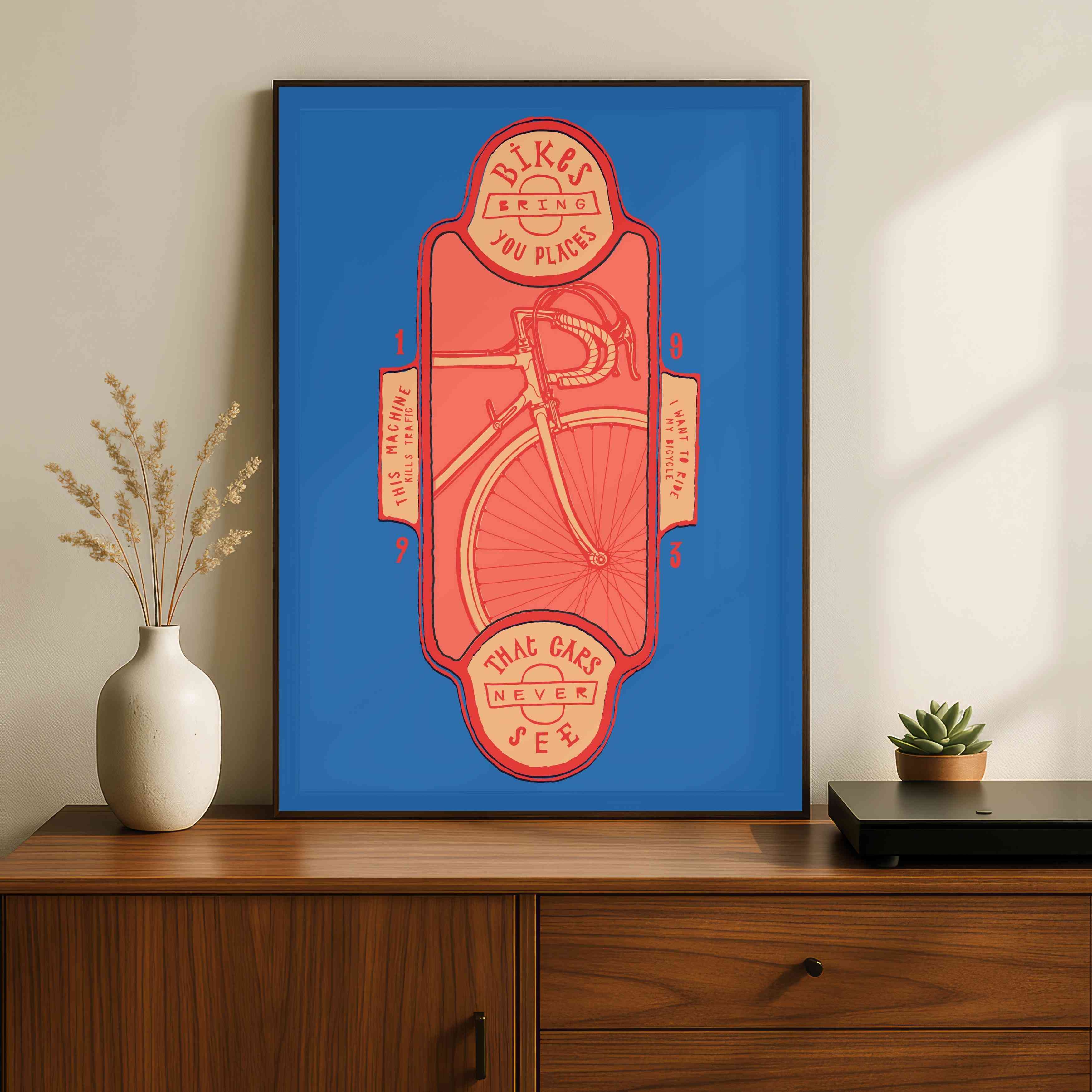 "Bikes Bring You Places" Vintage Cycling Poster | Vertical Borderless Art Frame Poster Premium Wall Art Canvas by MeriDeewar