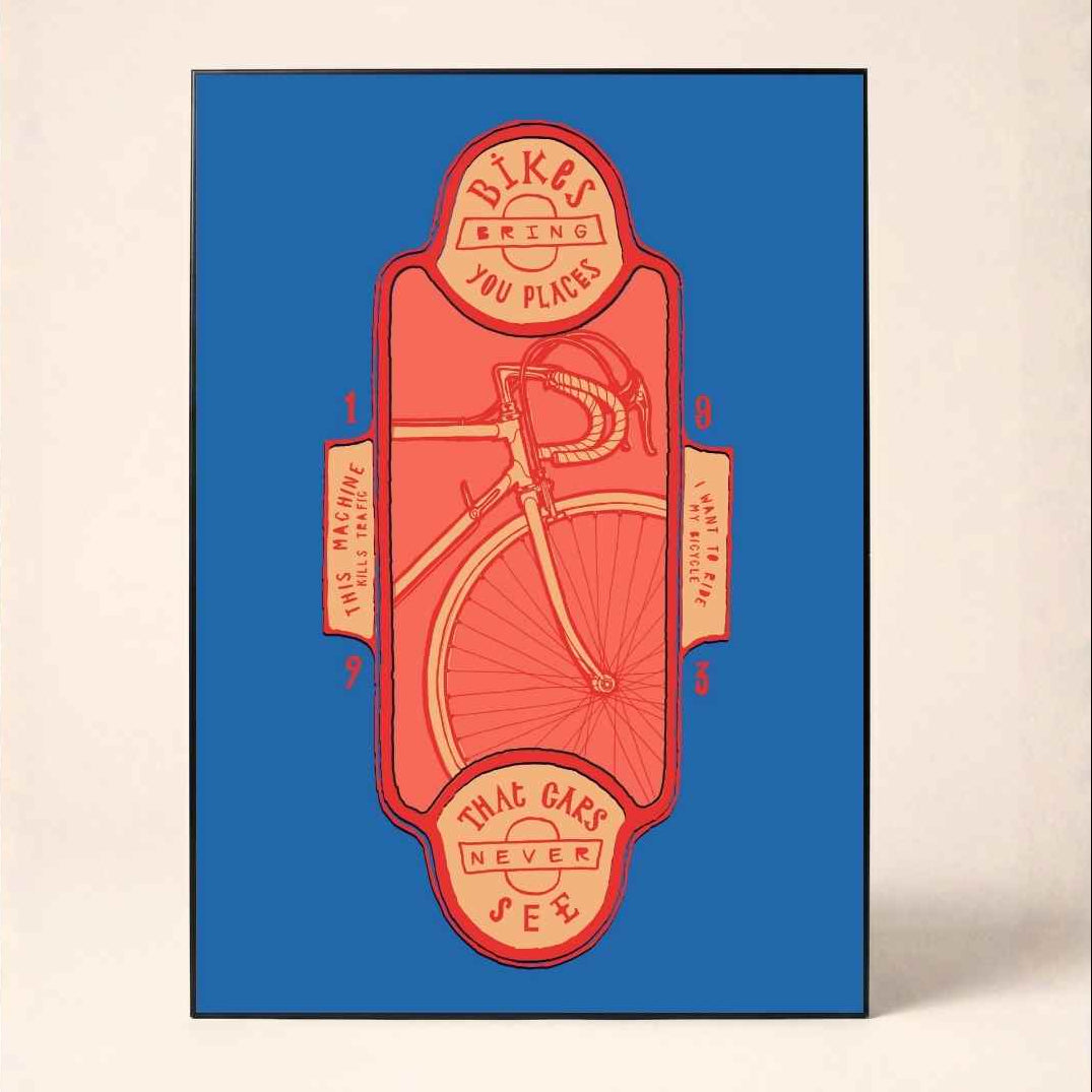"Bikes Bring You Places" Vintage Cycling Poster | Vertical Borderless Art Frame Poster Premium Wall Art Canvas by MeriDeewar