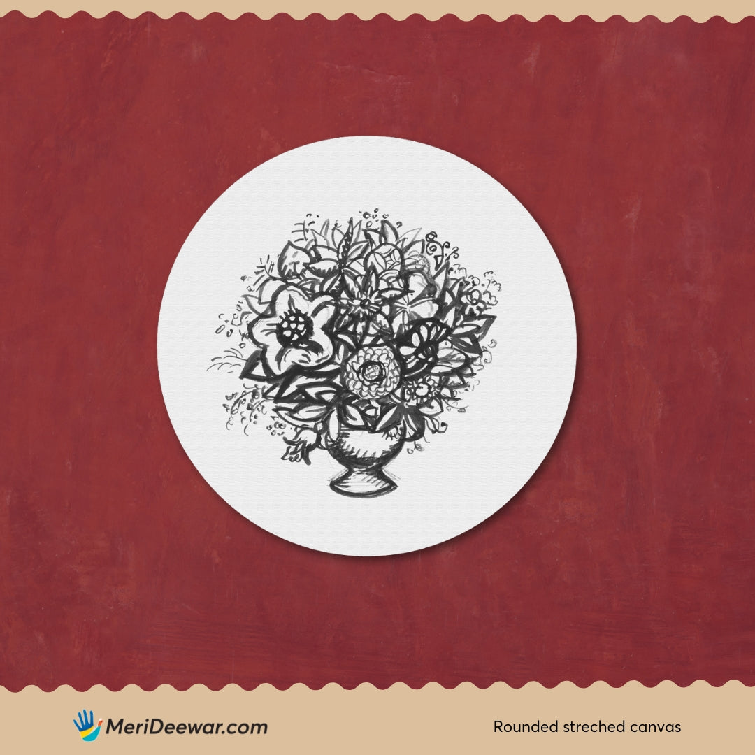 Black And White Flower Painting Circular Canvas Frame Circular Canvas Frame Premium Wall Art Canvas by MeriDeewar