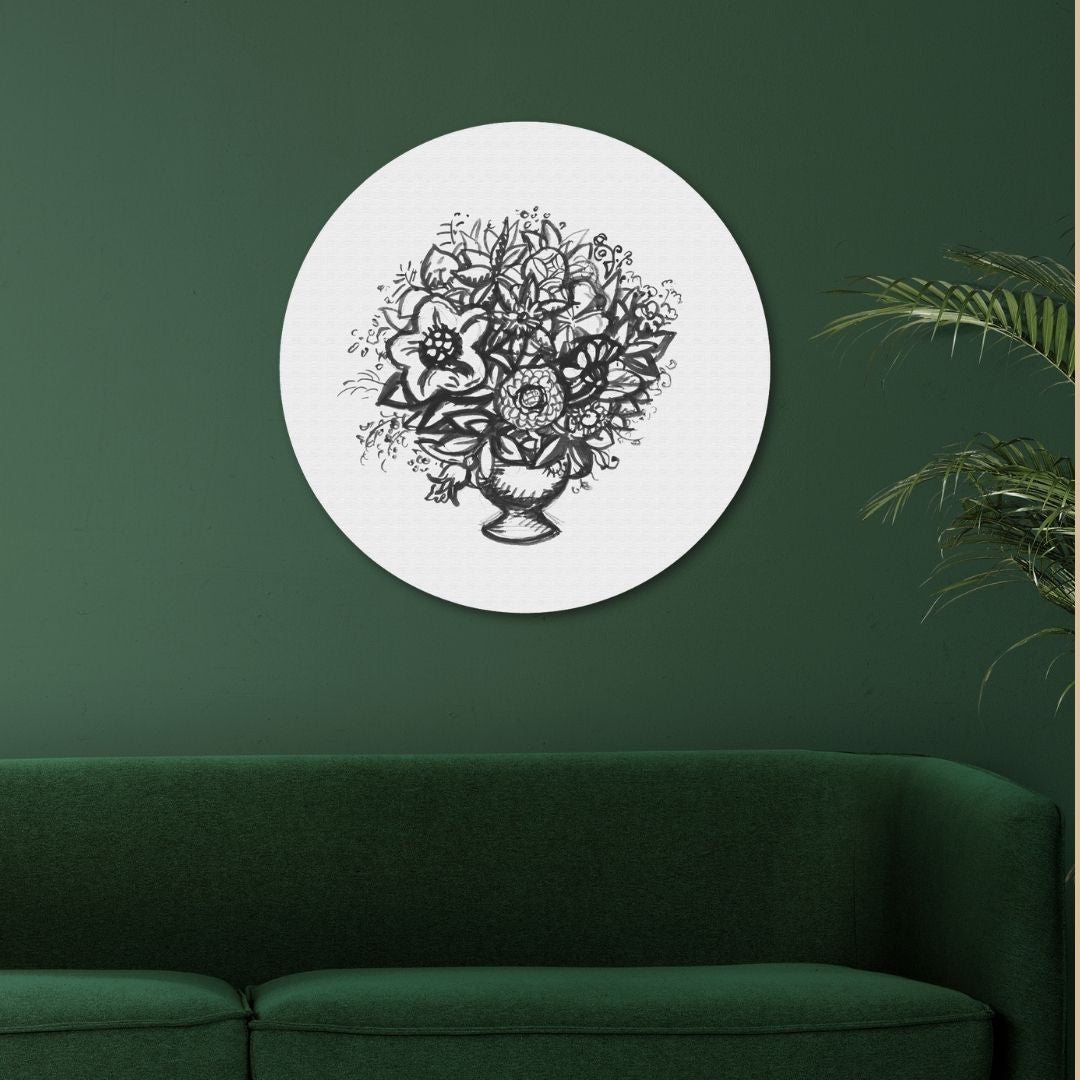 Black And White Flower Painting Circular Canvas Frame Circular Canvas Frame Premium Wall Art Canvas by MeriDeewar