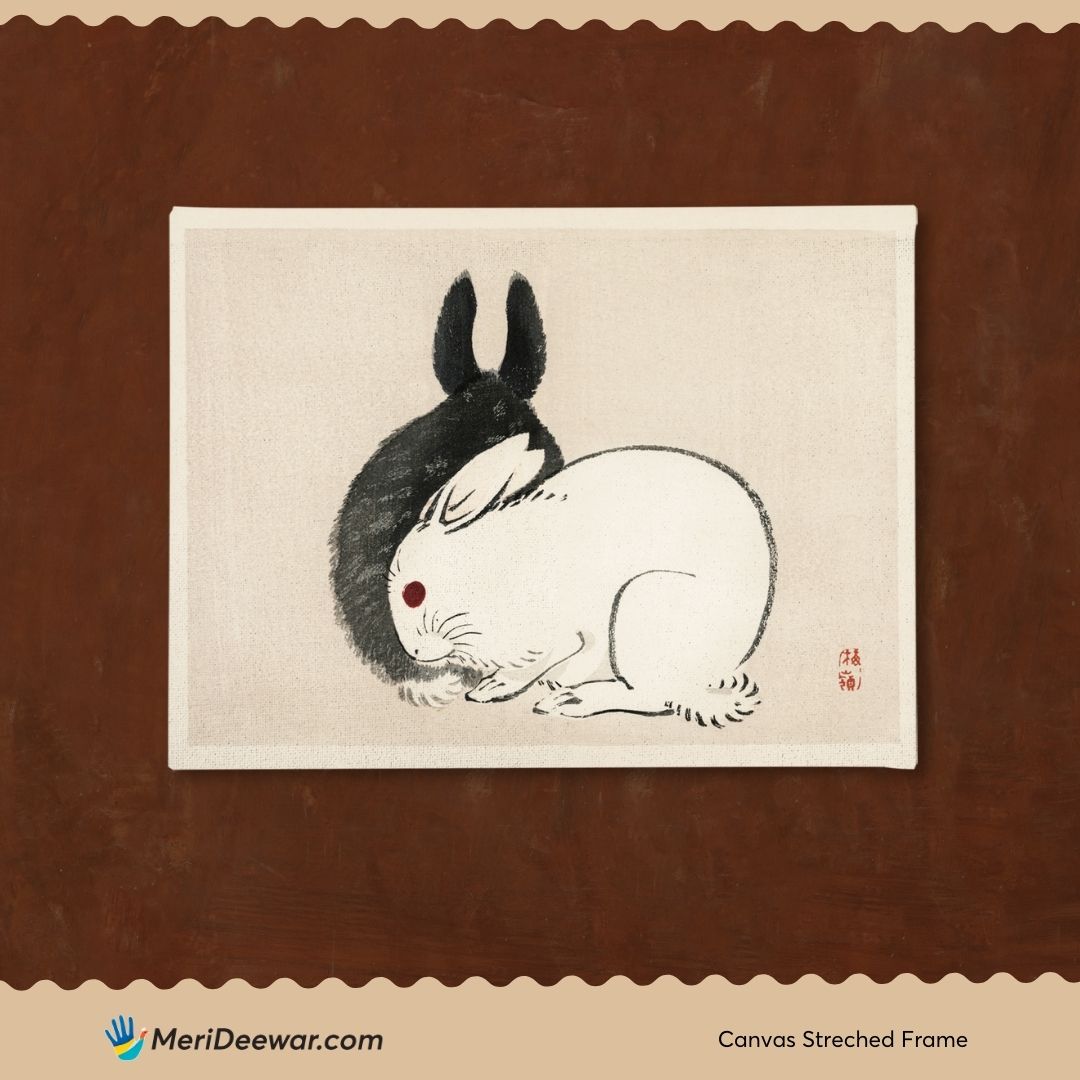 Black And White Rabbits by Kono Bairei 3 : 4 Horizontal New Premium Wall Art Canvas by MeriDeewar