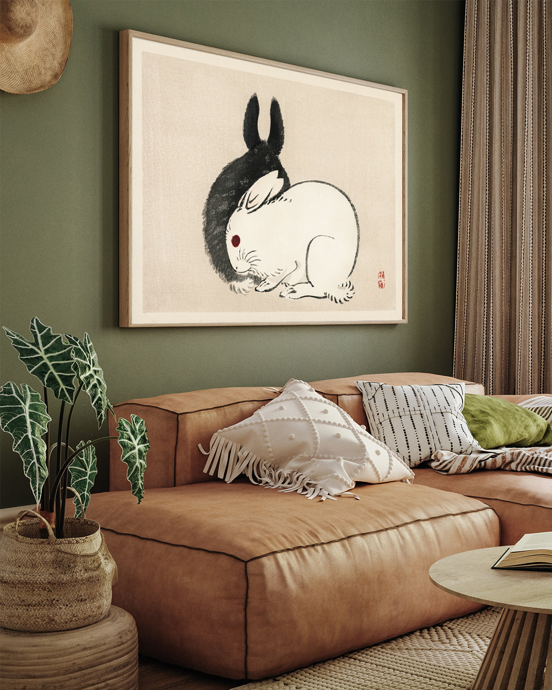 Black And White Rabbits by Kono Bairei 3 : 4 Horizontal New Premium Wall Art Canvas by MeriDeewar