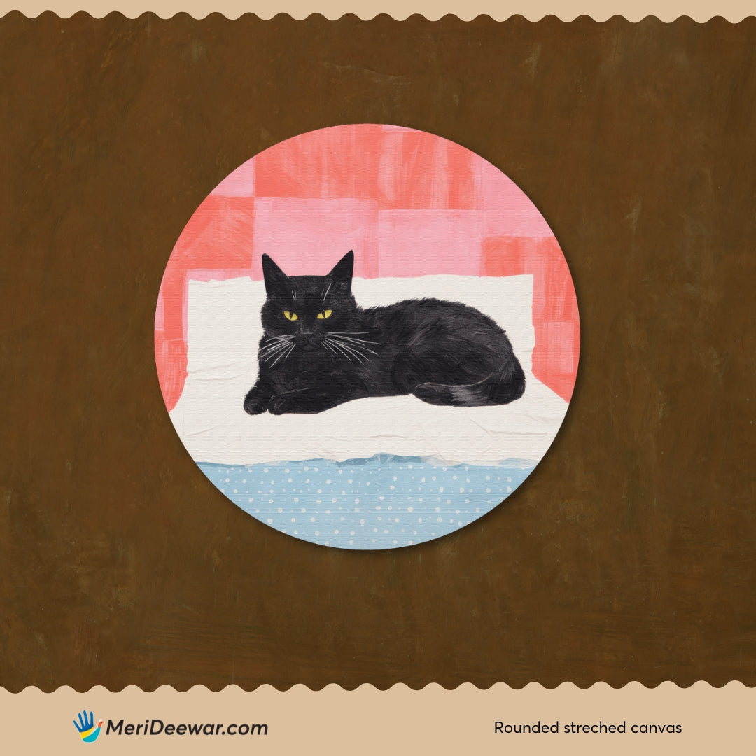 Black Cat On The Bed Circular Canvas Frame Circular Canvas Frame Premium Wall Art Canvas by MeriDeewar