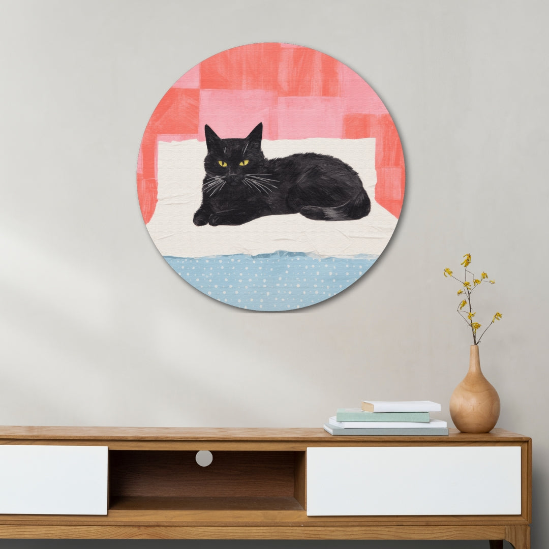 Black Cat On The Bed Circular Canvas Frame Circular Canvas Frame Premium Wall Art Canvas by MeriDeewar