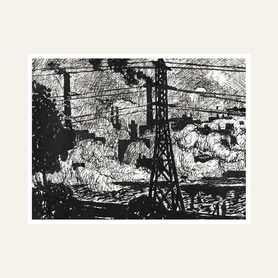 Black & White Industrial Cityscape Painting for Living Room | Ink Sketch Wall Art Print 6 : 5 Horizontal Premium Wall Art Canvas by MeriDeewar