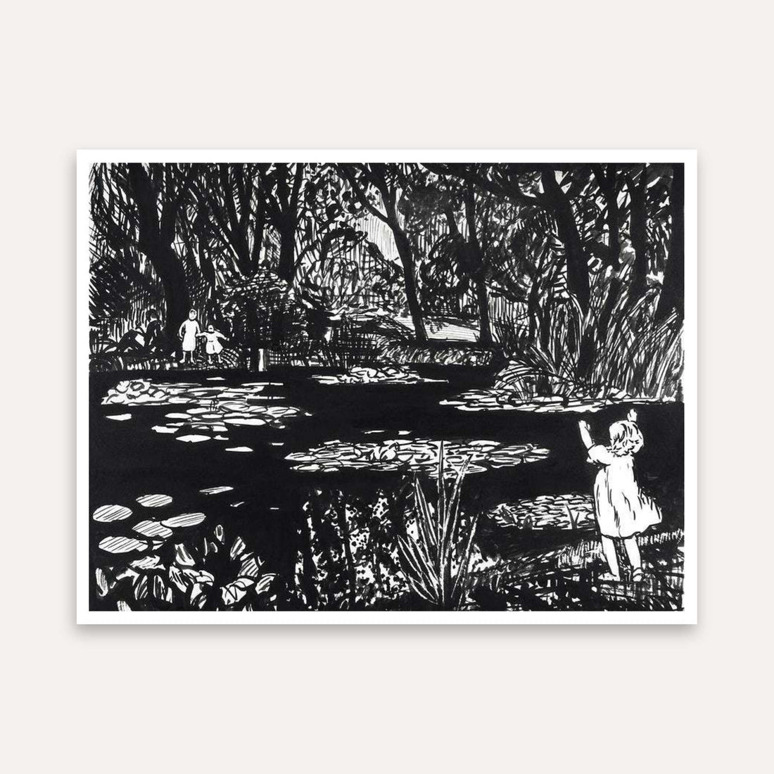 Black & White Nature Pond Painting for Living Room | Lily Pond Scenery Wall Art Print 4 : 3 Horizontal Premium Wall Art Canvas by MeriDeewar