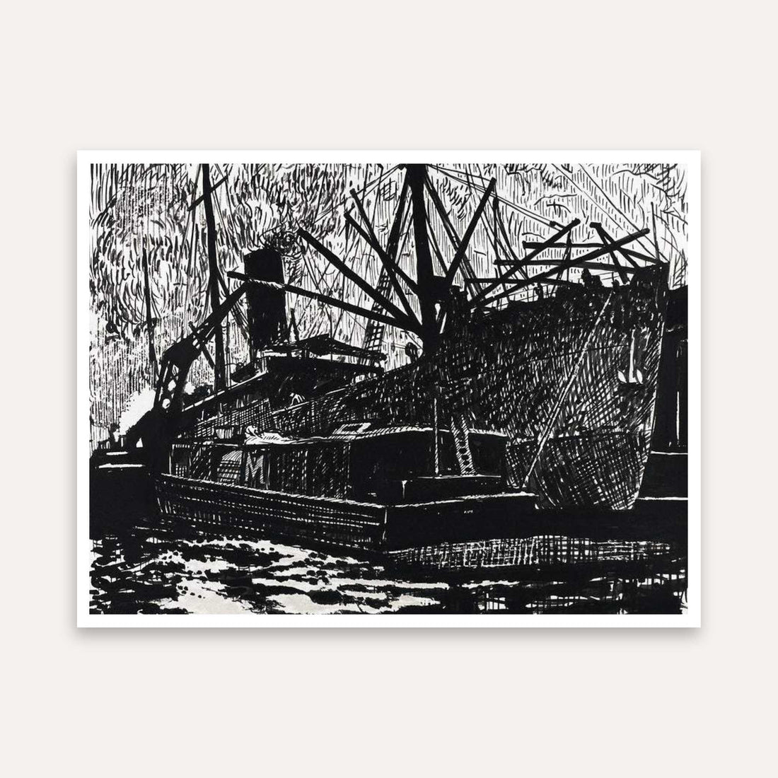 Black & White Ship Painting for Living Room | Vintage Nautical Wall Art | Giclée Print 4 : 3 Horizontal Premium Wall Art Canvas by MeriDeewar