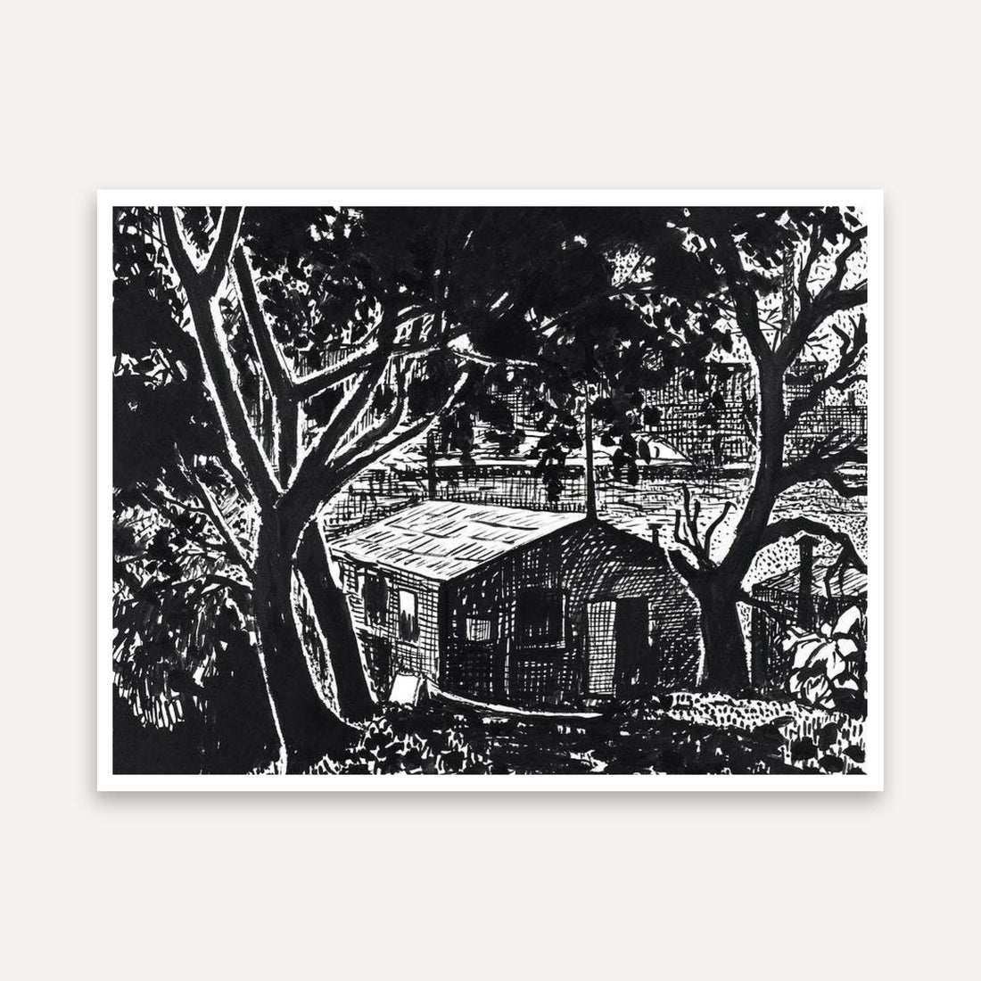 Black & White Village Scenery Painting for Living Room | Ink Drawing Wall Art Print 4 : 3 Horizontal Premium Wall Art Canvas by MeriDeewar