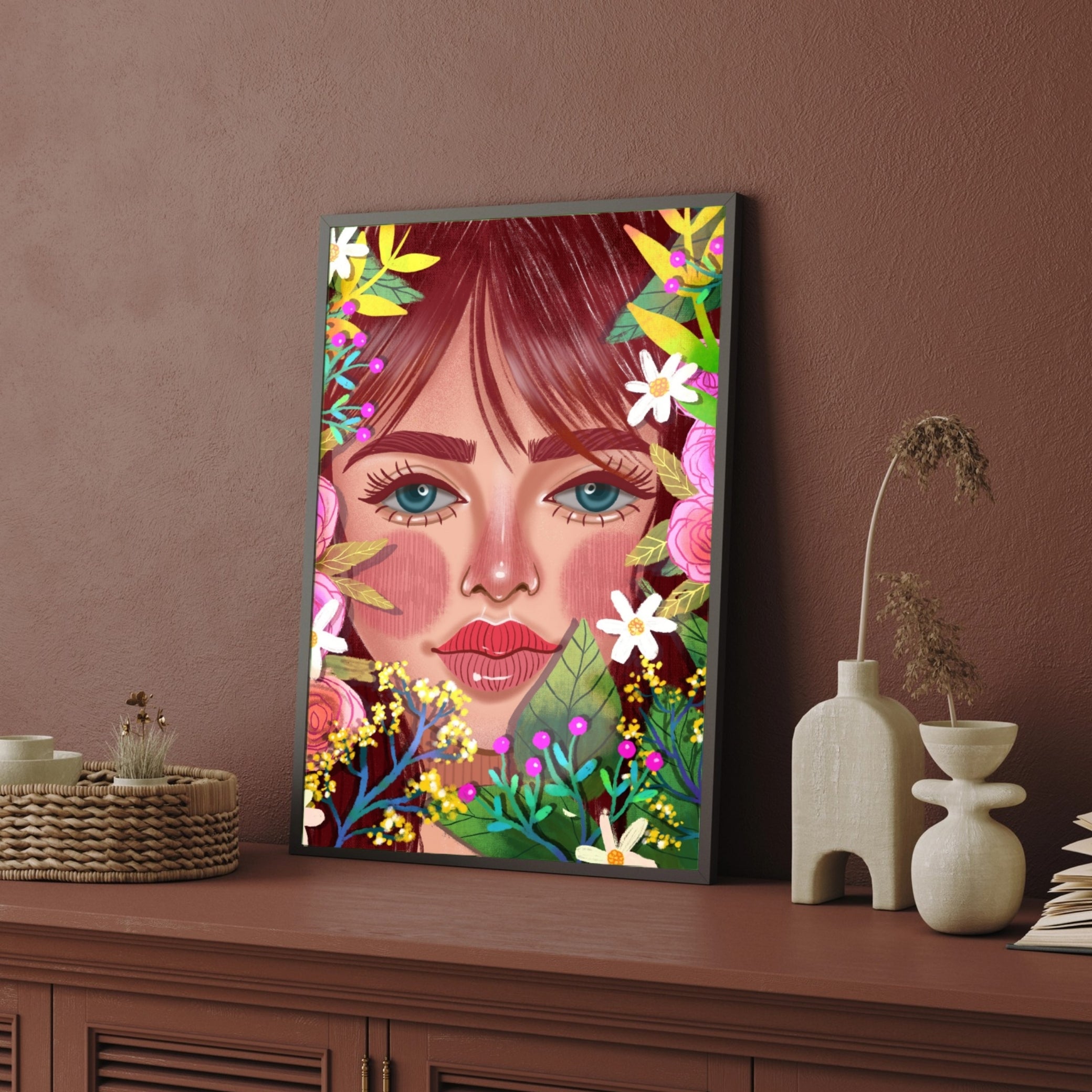 Blooming Beauty – Colorful Floral Woman Portrait Wall Art Print 2 : 3 Vertical Premium Wall Art Canvas by MeriDeewar