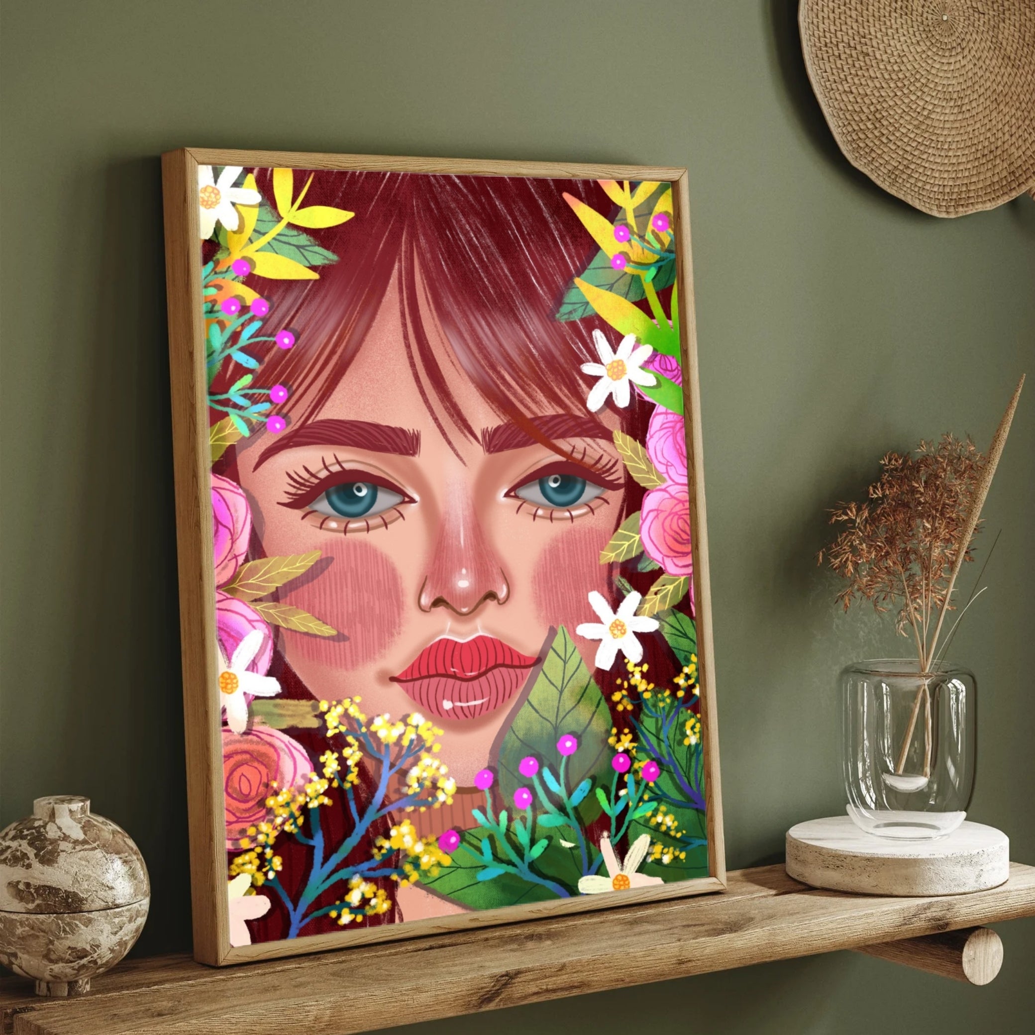 Blooming Beauty – Colorful Floral Woman Portrait Wall Art Print 2 : 3 Vertical Premium Wall Art Canvas by MeriDeewar