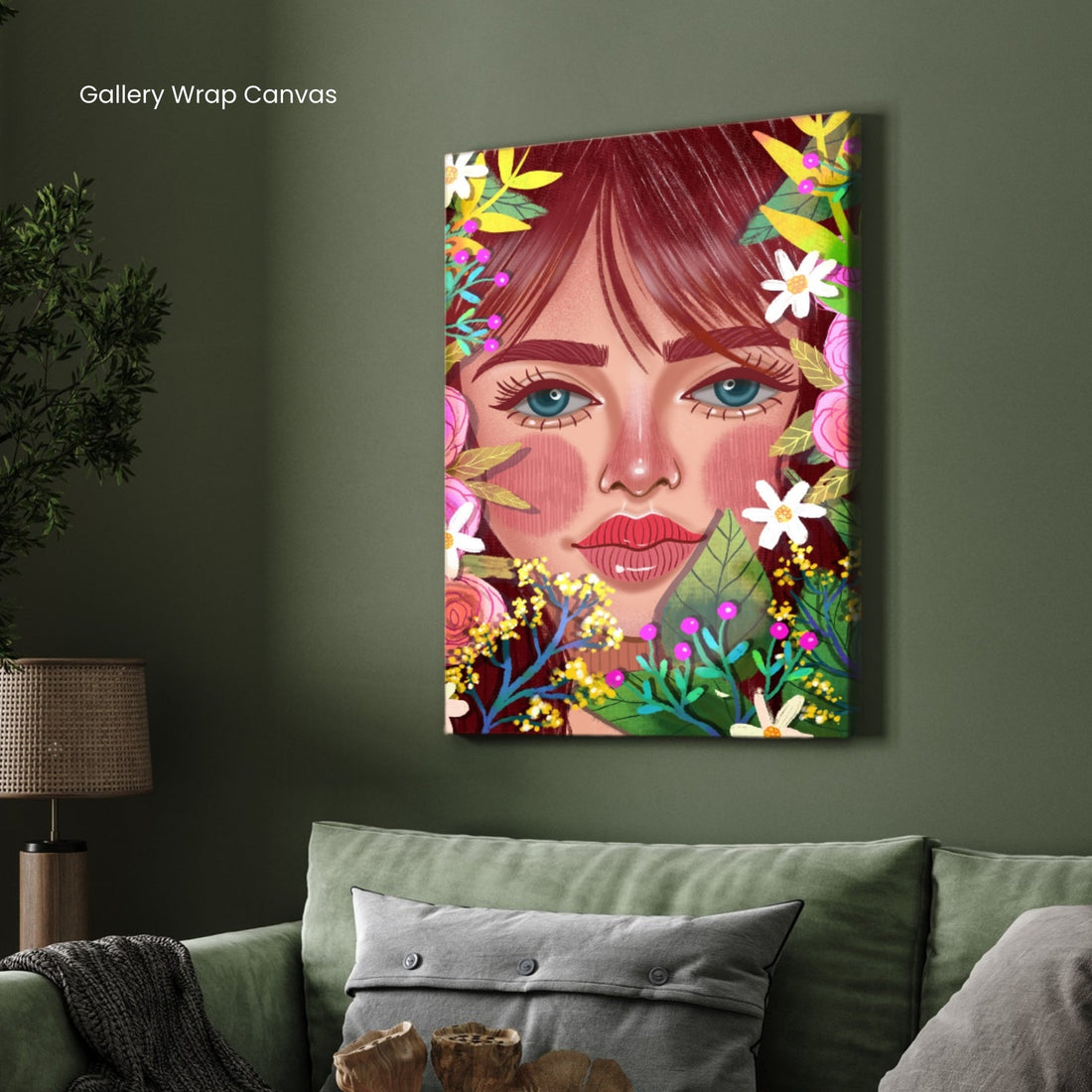 Blooming Beauty – Colorful Floral Woman Portrait Wall Art Print 2 : 3 Vertical Premium Wall Art Canvas by MeriDeewar
