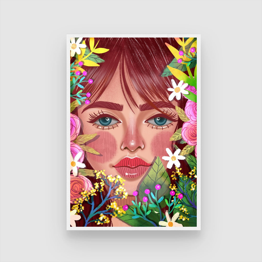 Blooming Beauty – Colorful Floral Woman Portrait Wall Art Print 2 : 3 Vertical Premium Wall Art Canvas by MeriDeewar