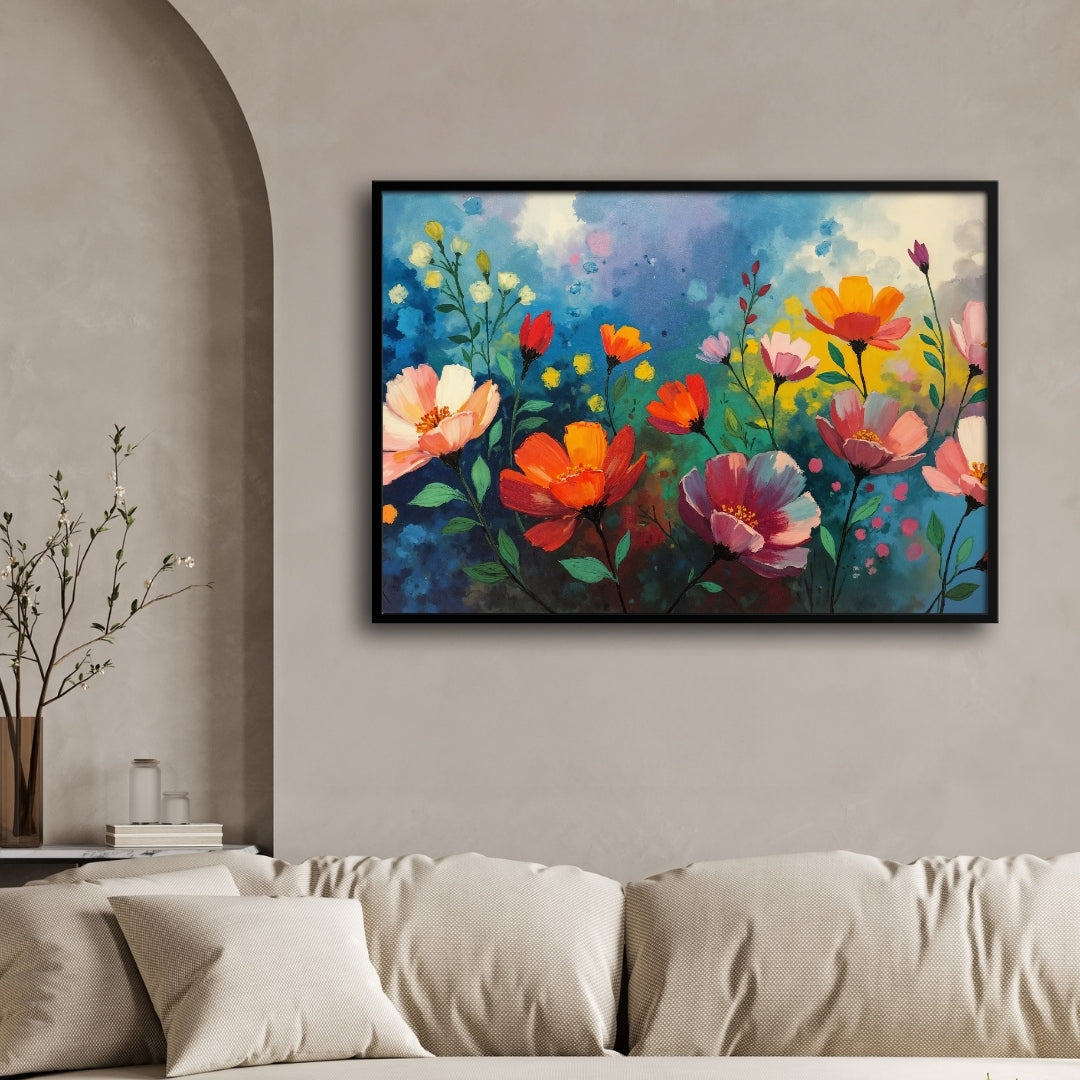 Blooming Garden Floral Canvas Wall Art – Colorful Modern Painting 2 : 3 Horizontal Premium Wall Art Canvas by MeriDeewar