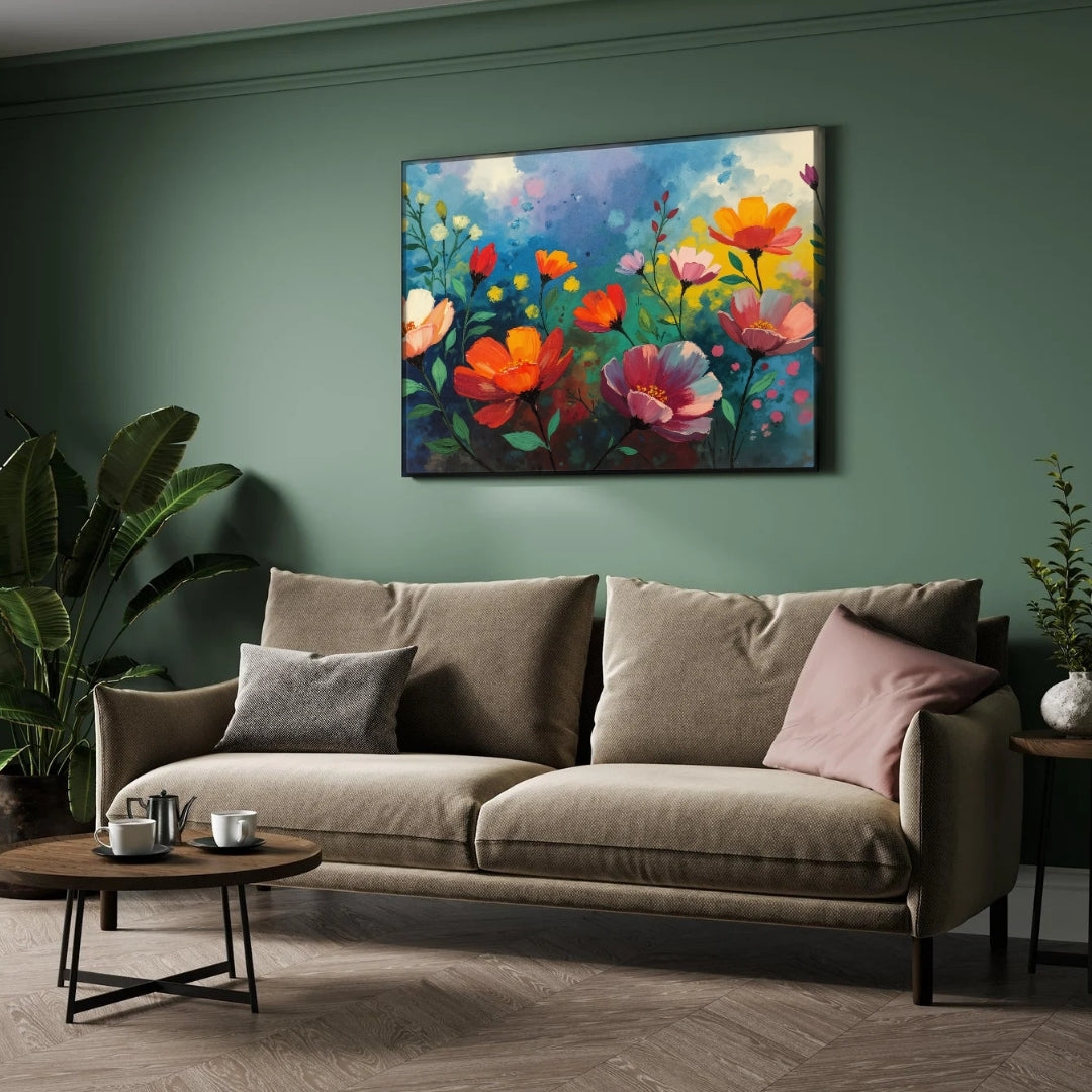 Blooming Garden Floral Canvas Wall Art – Colorful Modern Painting 2 : 3 Horizontal Premium Wall Art Canvas by MeriDeewar