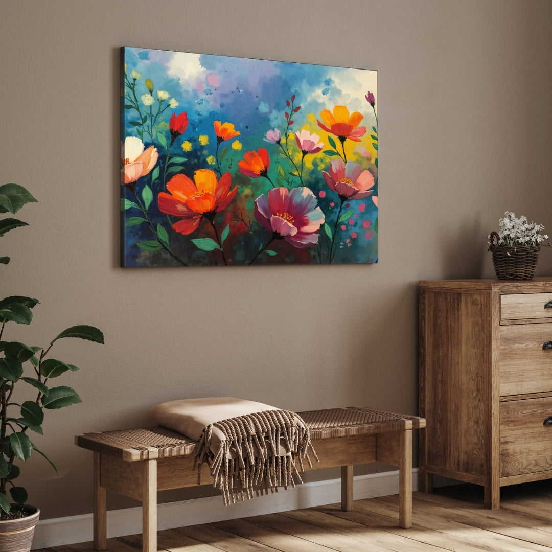 Blooming Garden Floral Canvas Wall Art – Colorful Modern Painting 2 : 3 Horizontal Premium Wall Art Canvas by MeriDeewar