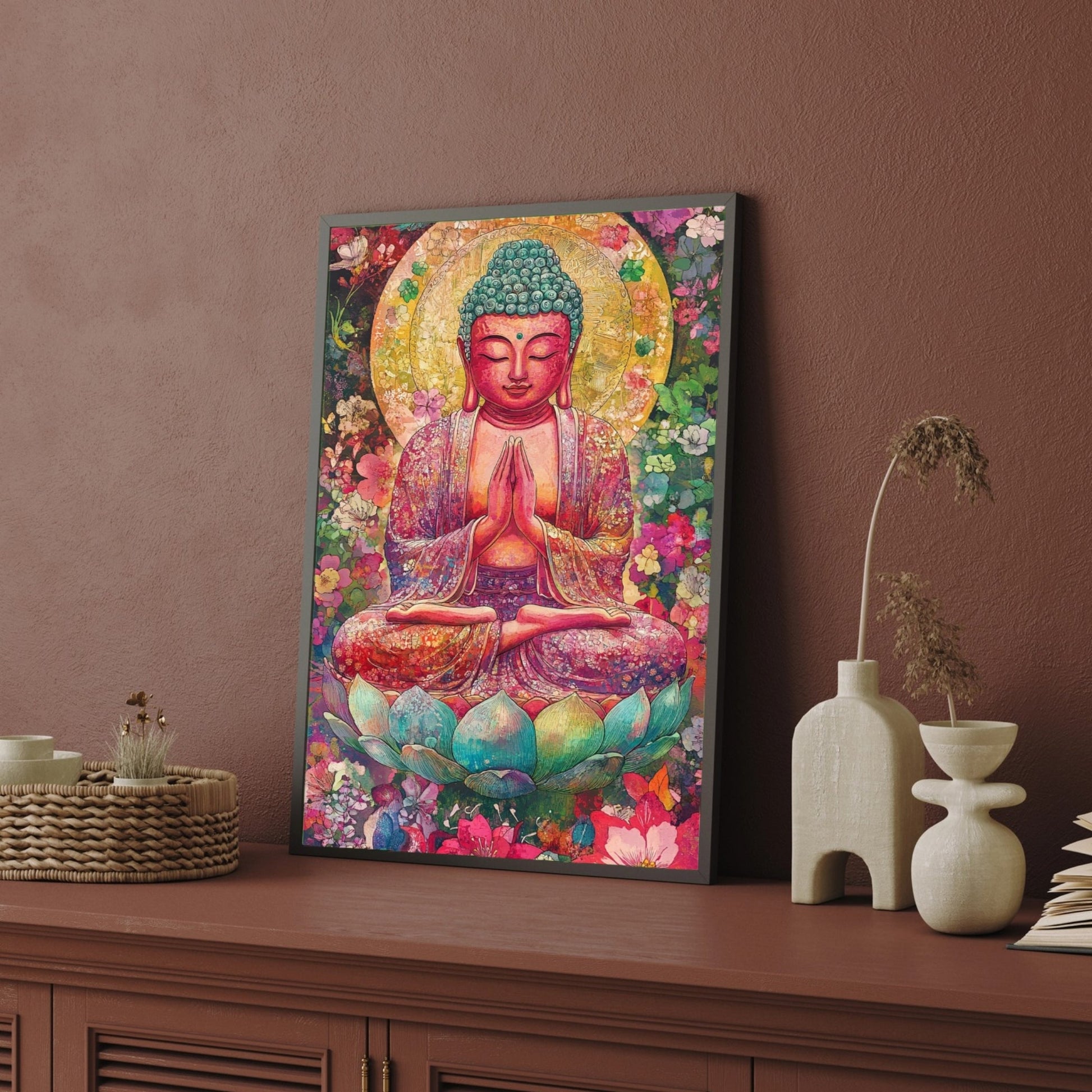 Blooming Serenity – Colorful Buddha Lotus Canvas Wall Art 2 : 3 Vertical Premium Wall Art Canvas by MeriDeewar