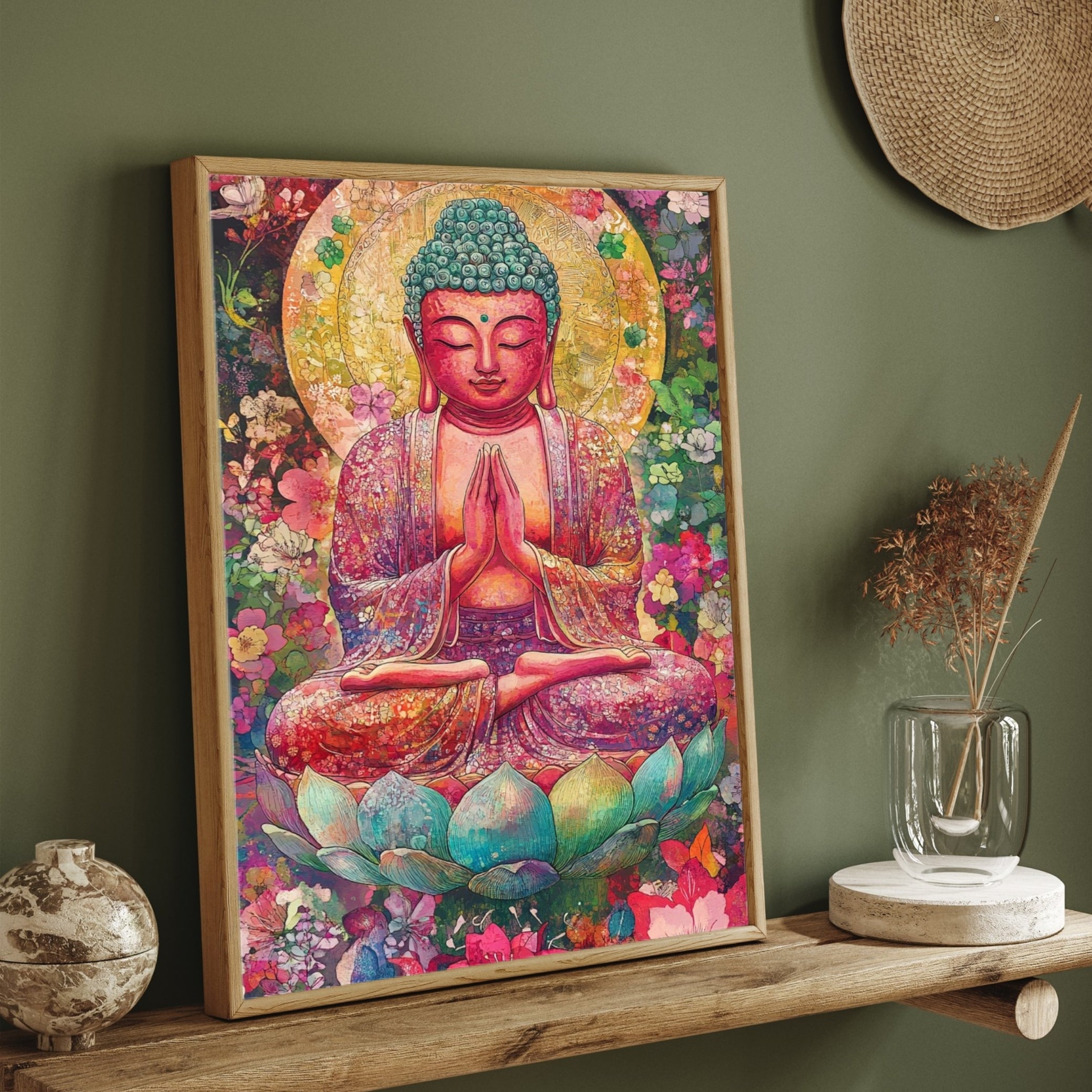 Blooming Serenity – Colorful Buddha Lotus Canvas Wall Art 2 : 3 Vertical Premium Wall Art Canvas by MeriDeewar