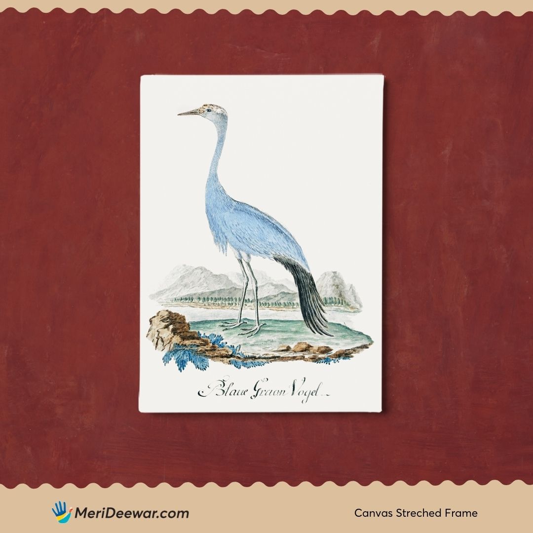 Blue Crane Bird Vintage Painting 3 : 4 Vertical New Premium Wall Art Canvas by MeriDeewar