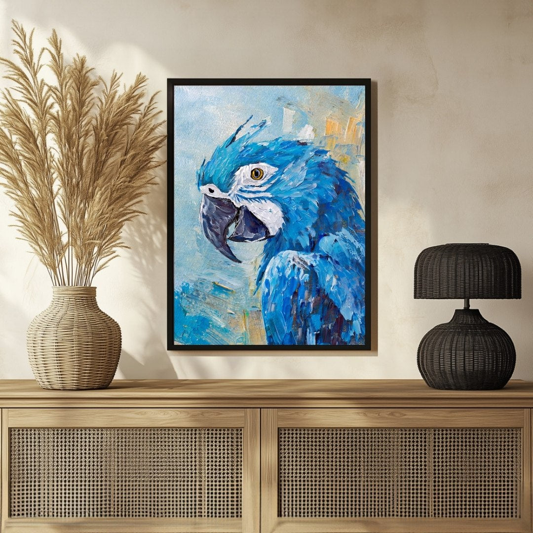 Blue Parrot Oil Painting 3 : 4 Vertical New Premium Wall Art Canvas by MeriDeewar