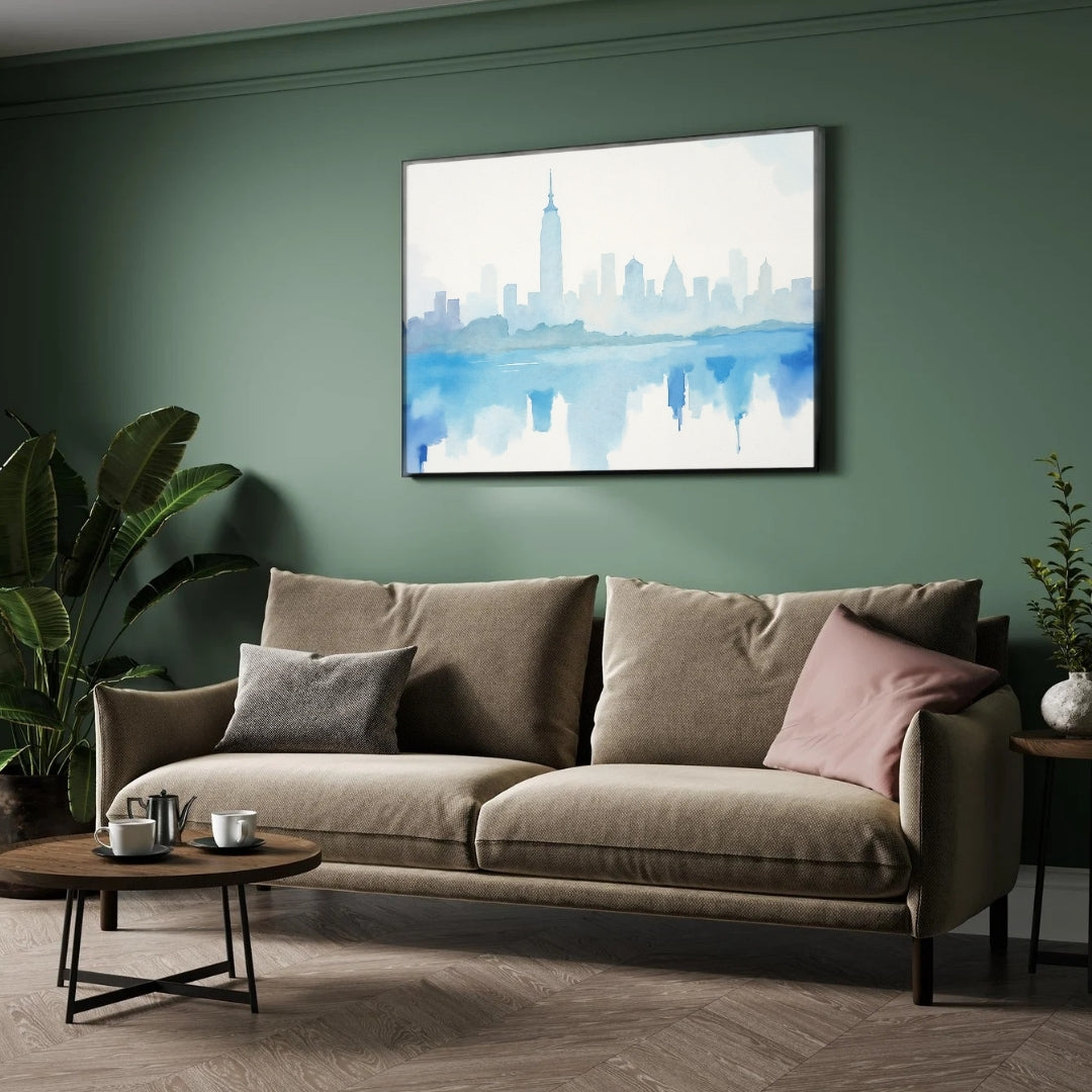 Blue Skyline Cityscape Canvas Wall Art – Modern Watercolor Painting 2 : 3 Horizontal Premium Wall Art Canvas by MeriDeewar