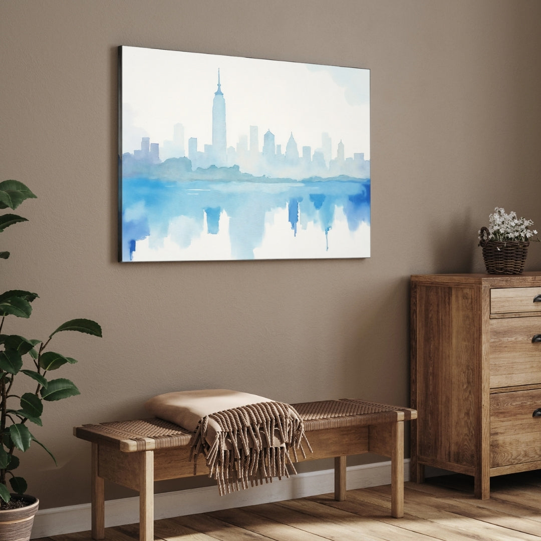 Blue Skyline Cityscape Canvas Wall Art – Modern Watercolor Painting 2 : 3 Horizontal Premium Wall Art Canvas by MeriDeewar