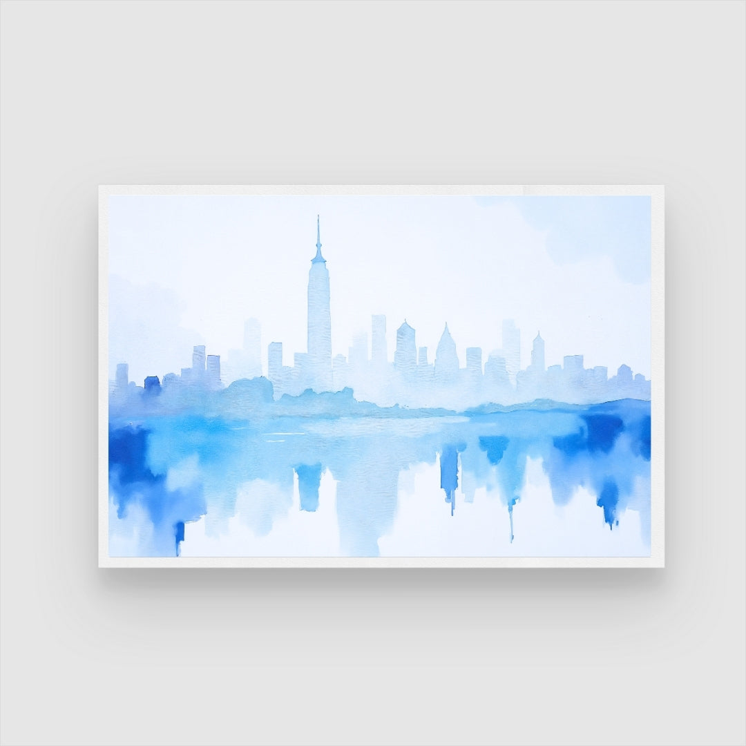 Blue Skyline Cityscape Canvas Wall Art – Modern Watercolor Painting 2 : 3 Horizontal Premium Wall Art Canvas by MeriDeewar