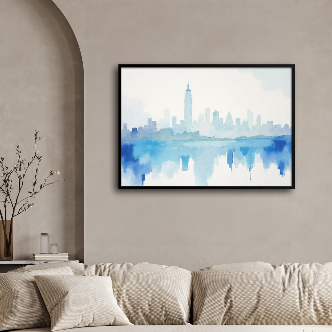 Blue Skyline Cityscape Canvas Wall Art – Modern Watercolor Painting 2 : 3 Horizontal Premium Wall Art Canvas by MeriDeewar