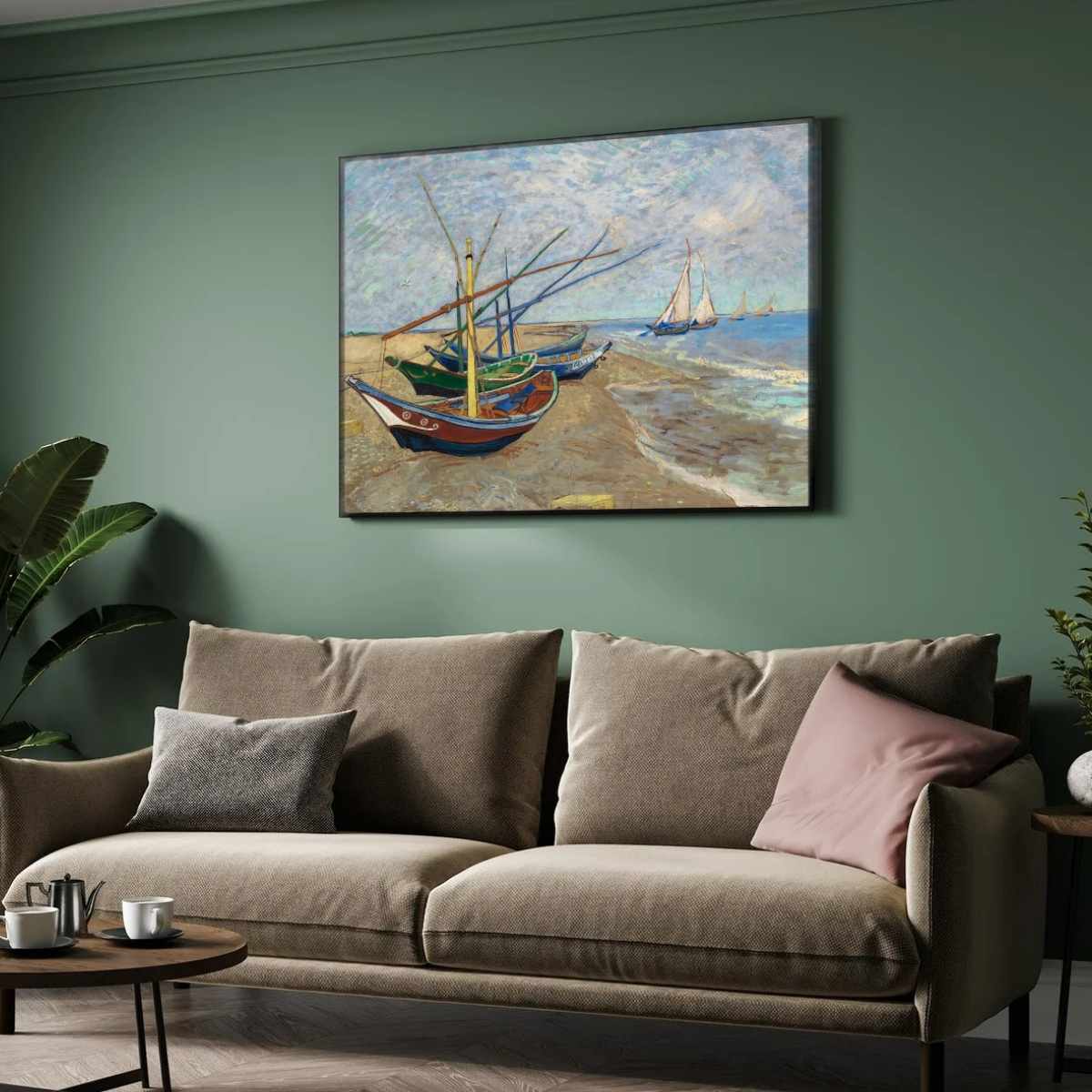 Boats on Beach Painting for Living Room | Van Gogh Seascape Wall Art | Giclée Print 4 : 3 Horizontal Premium Wall Art Canvas by MeriDeewar