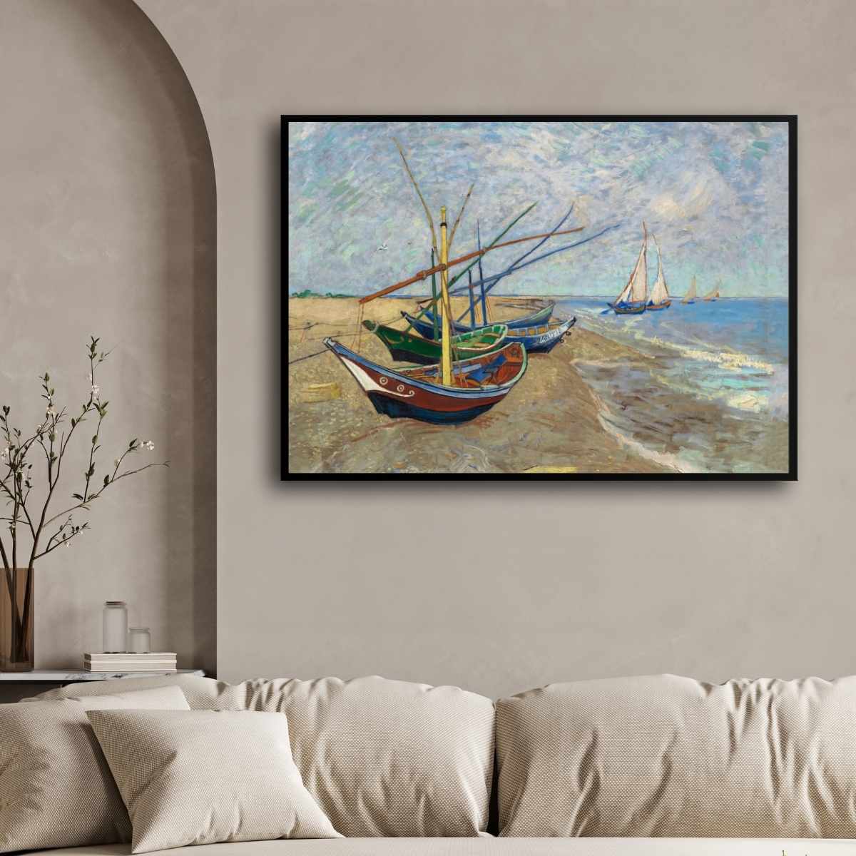 Boats on Beach Painting for Living Room | Van Gogh Seascape Wall Art | Giclée Print 4 : 3 Horizontal Premium Wall Art Canvas by MeriDeewar