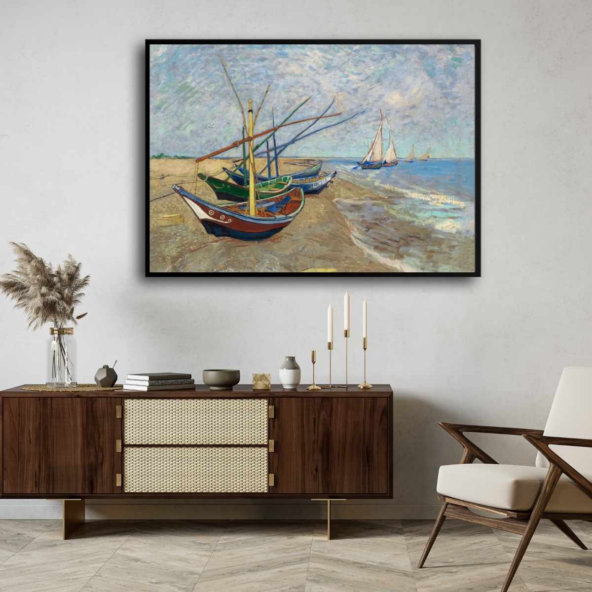 Boats on Beach Painting for Living Room | Van Gogh Seascape Wall Art | Giclée Print 4 : 3 Horizontal Premium Wall Art Canvas by MeriDeewar